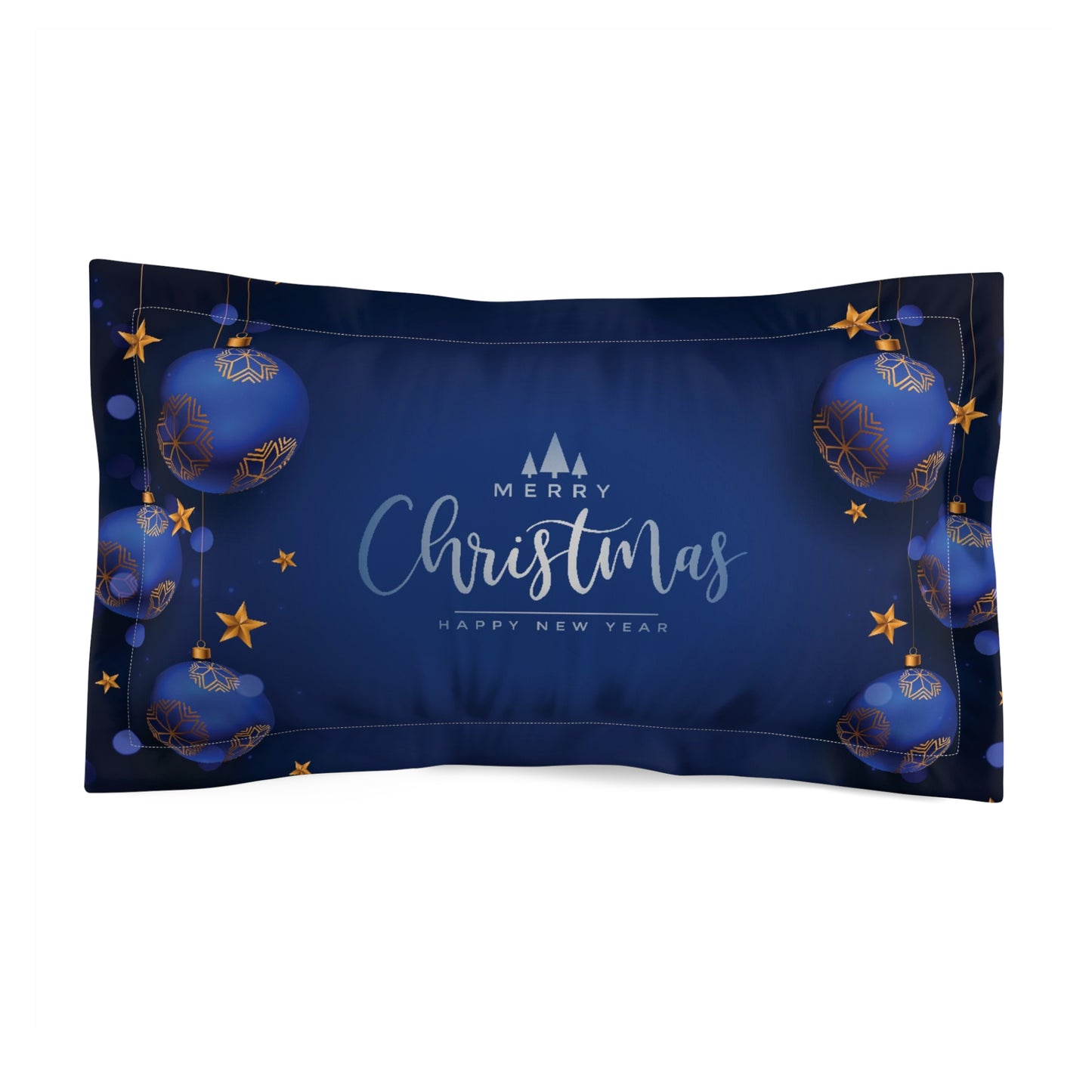 Christmas Pillow Sham – Dark Blue with Gold Ornaments & Festive Text – Elegant Holiday Bedroom Décor