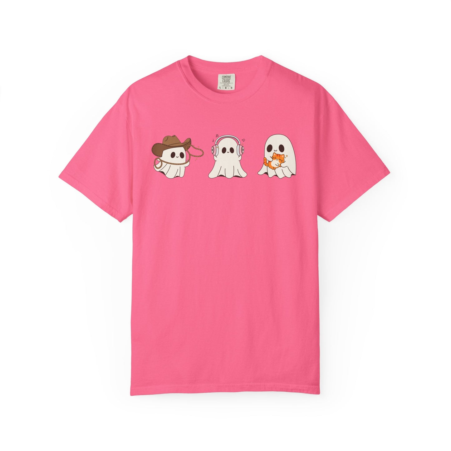 Halloween Ghost Trio T-Shirt – Purple Unisex Tee for Spooky Season & Costume Parties