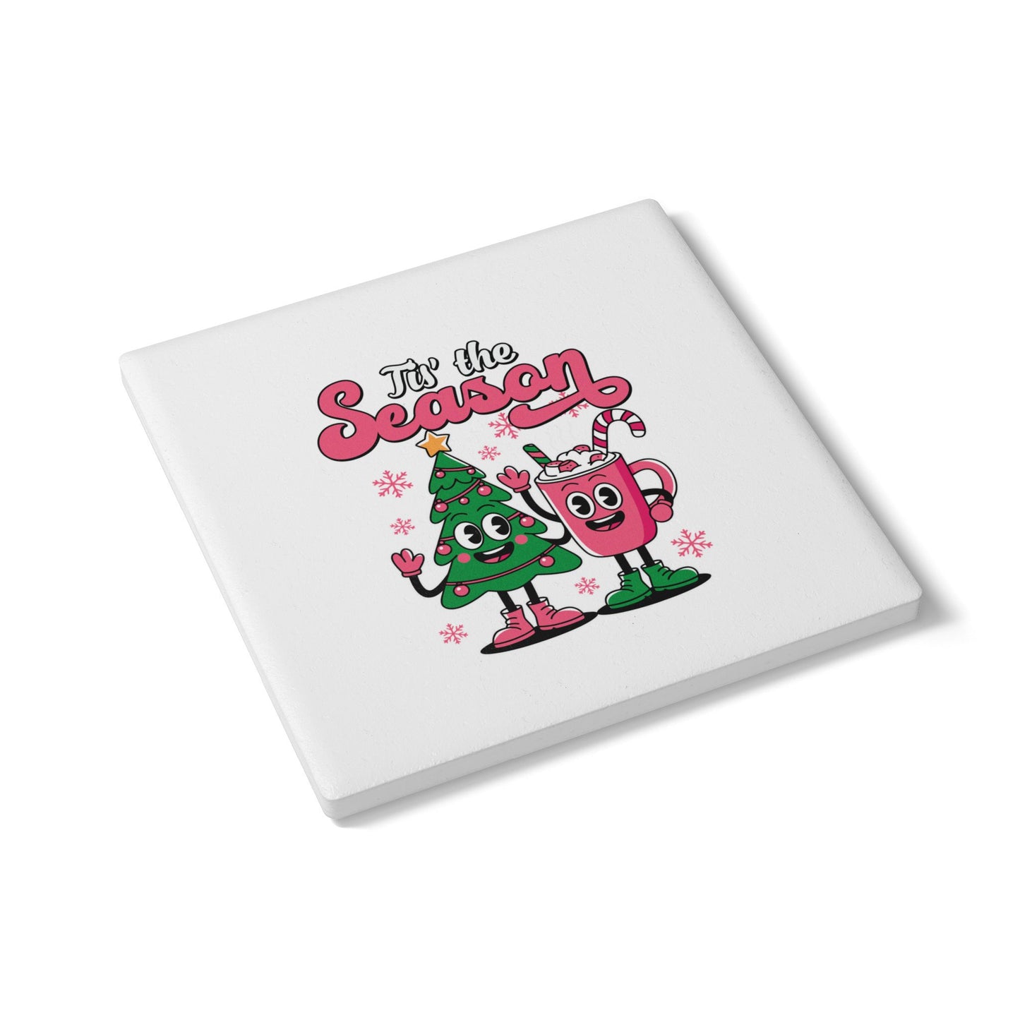Festive Christmas Coaster with Cartoon Tree and Holiday Cup
