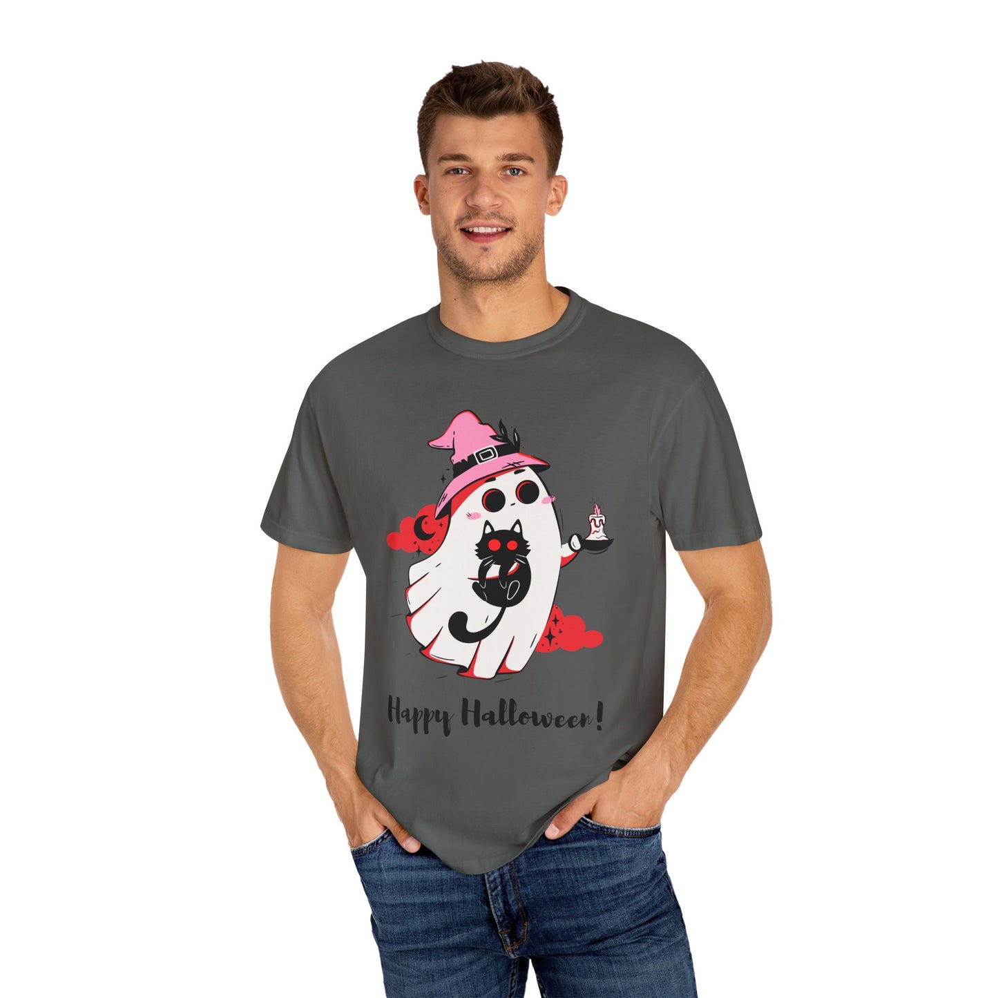 Ghostly Glam T-Shirt - Witchy Whimsy with Cat Companion