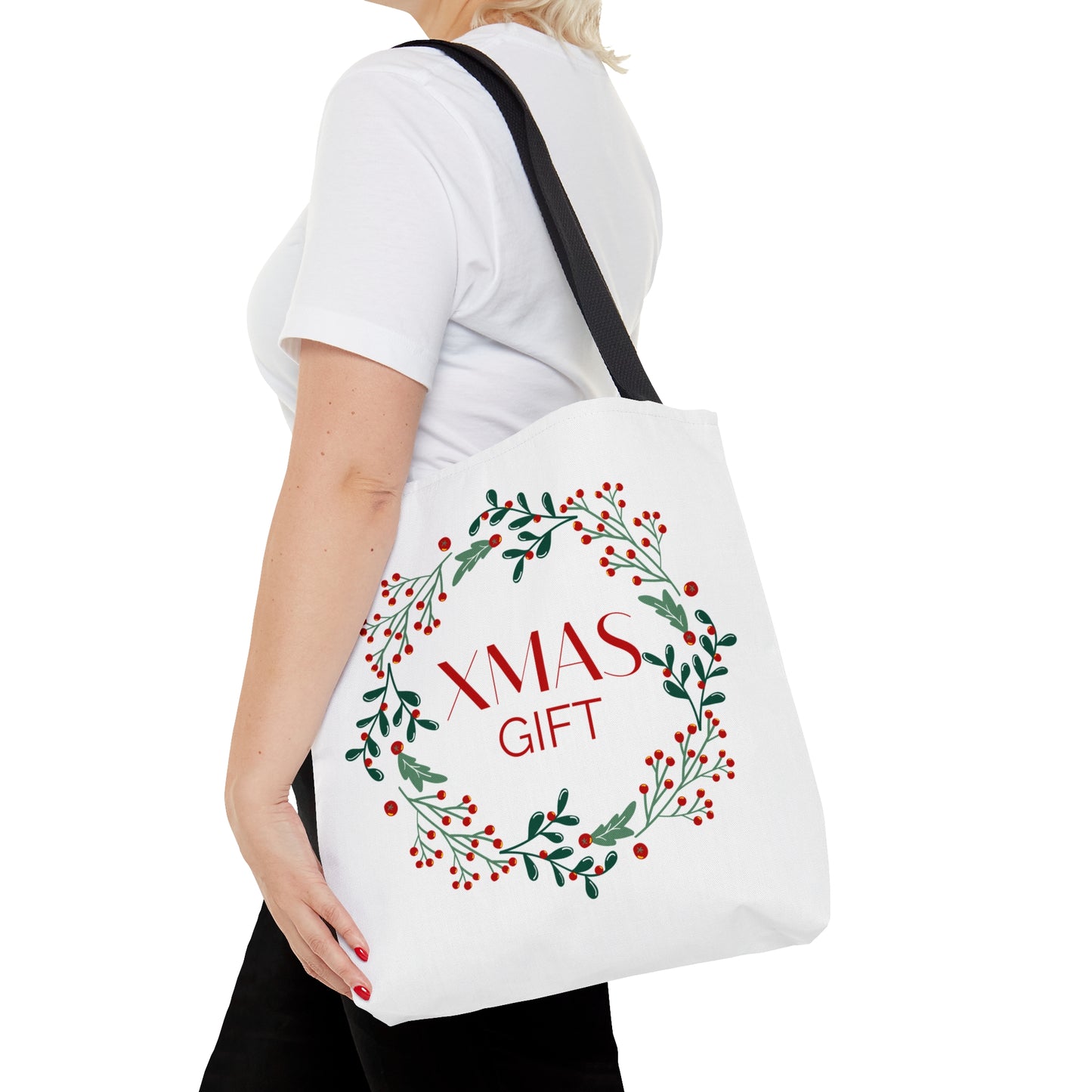 Christmas Tote Bag with “XMAS GIFT” Wreath Design – Durable All-Over Print Holiday Carryall in 3 Sizes