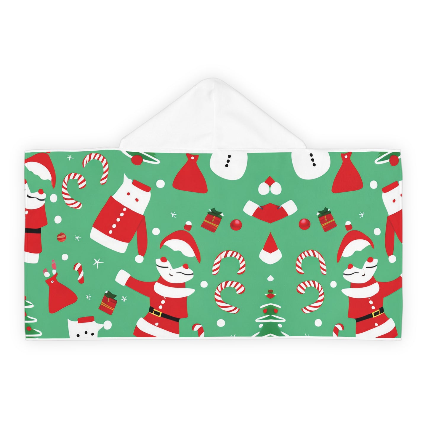 Kids’ Towel Hoodie – Green Christmas Design with Santa, Snowmen & Candy Canes – Soft Holiday Bath & Beach Wrap