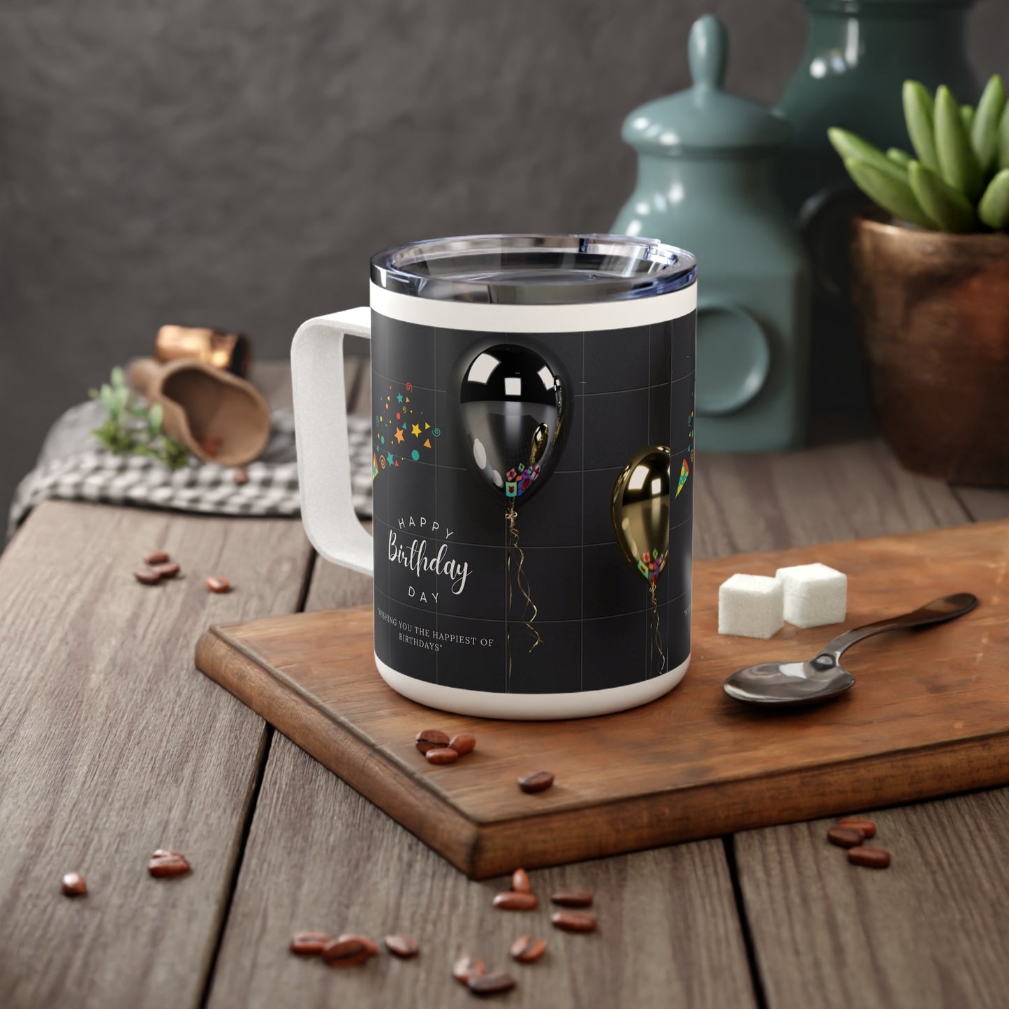 Birthday Coffee Mug, Insulated Travel Mug, 10 oz, Happy Birthday Printed Coffee Mug