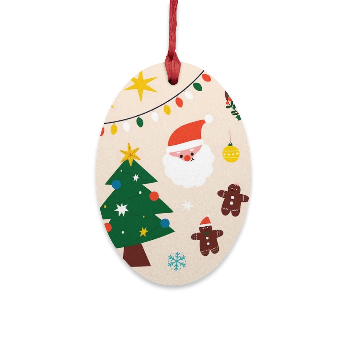Wooden Bell Ornament – Green Christmas Design with Wreaths, Gingerbread & Santa Hat – Rustic Holiday Décor with Magnetic Back