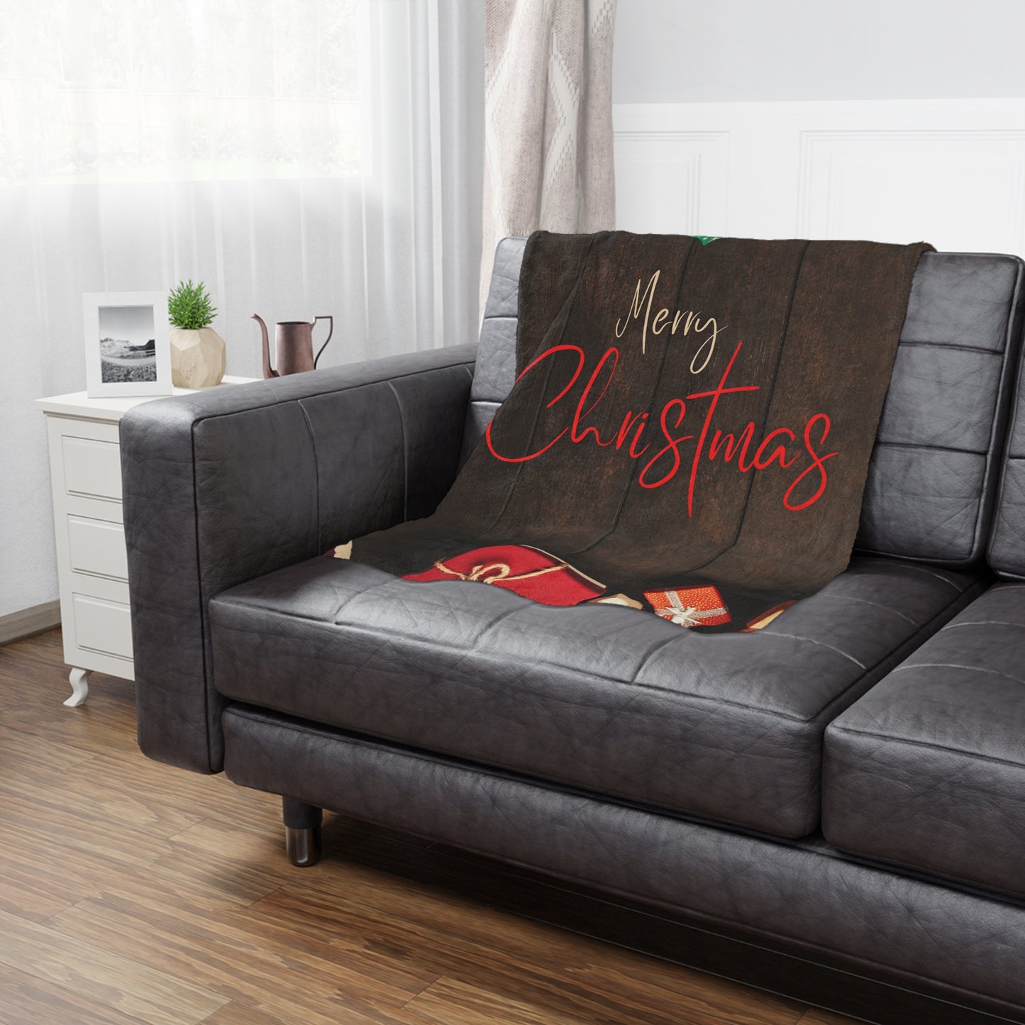 Merry Christmas Printed Velveteen Minky Blanket, Coffee