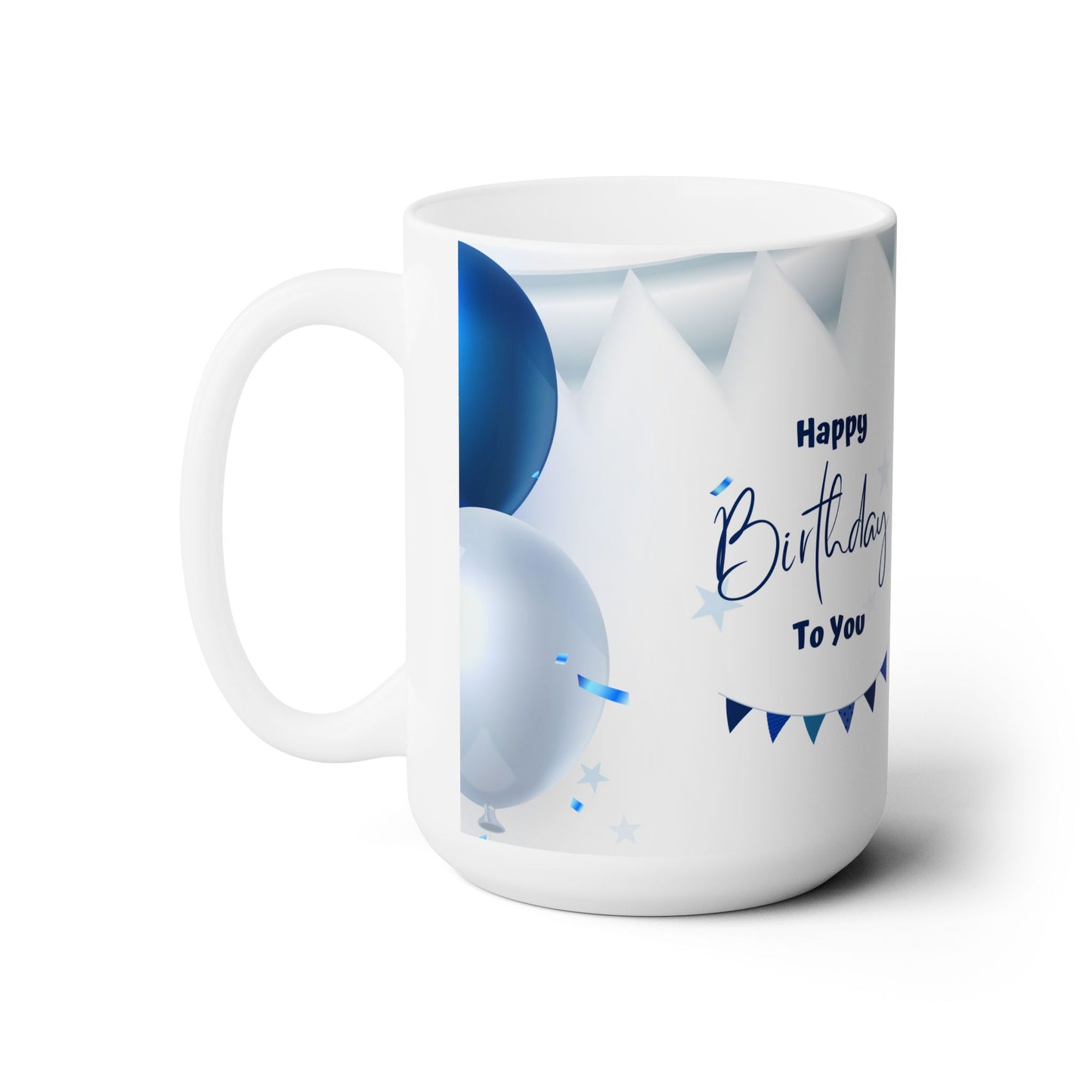 Happy Birthday Coffee Mug – Blue Birthday Gift Cup, 15oz Ceramic Mug with Balloons & Bunting Design