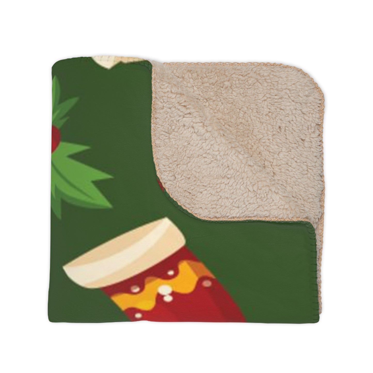 Christmas Tan Sherpa Blanket, Dark Green