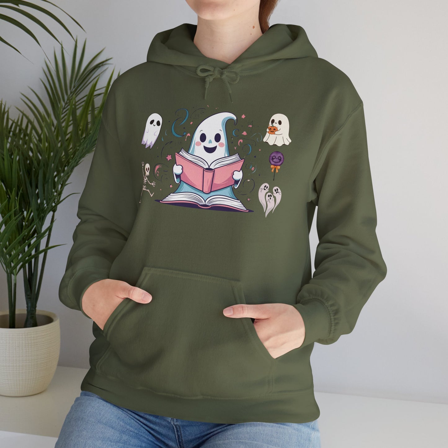 Cute Ghost Reading Hoodie – Whimsical Halloween Sweatshirt for Book Lovers