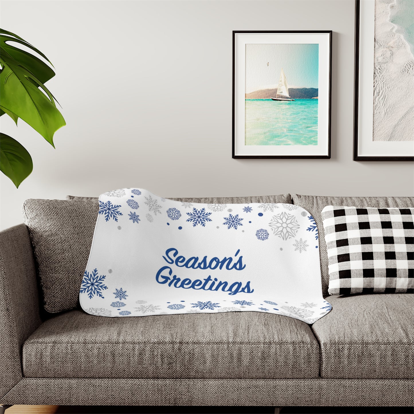 Season's Greetings Sherpa Blanket for Christmas Gifts, White