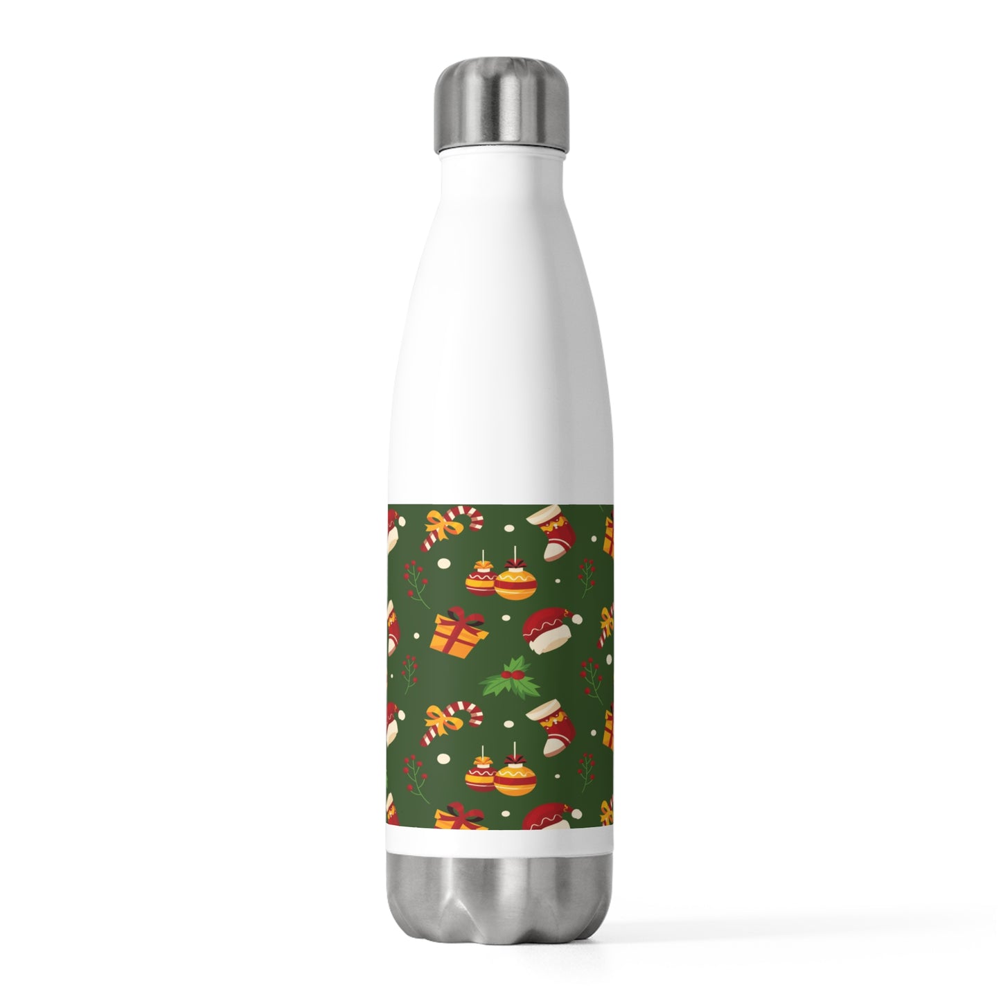 Insulated Stainless Steel Water Bottle – Green Christmas Design with Candy Canes & Holly – Eco-Friendly Holiday Gift
