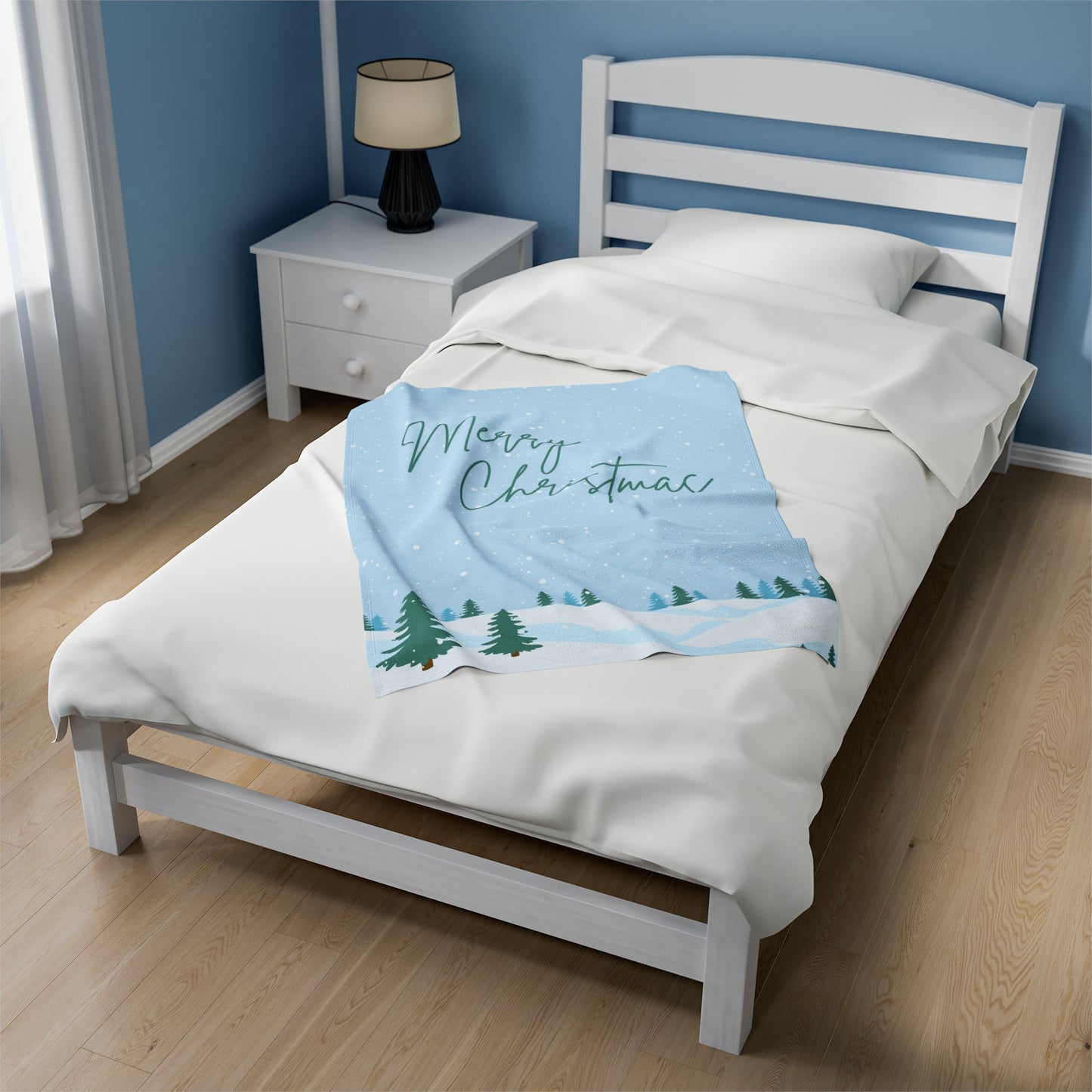 Merry Christmas Printed Velveteen Plush Blanket, Sky Blue