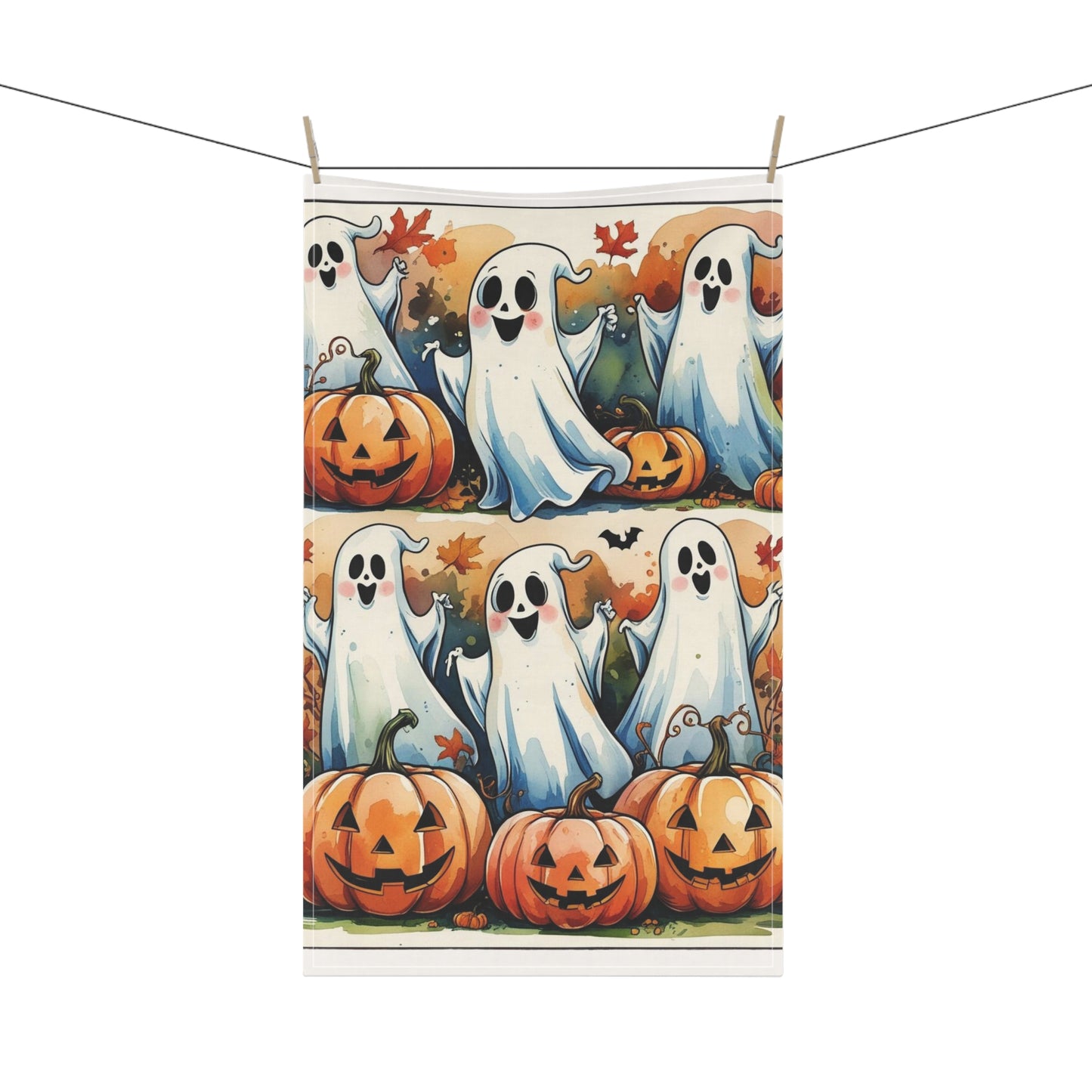 Playful Ghosts Halloween Tea Towel – Jack-O’-Lanterns and Autumn Leaves Design
