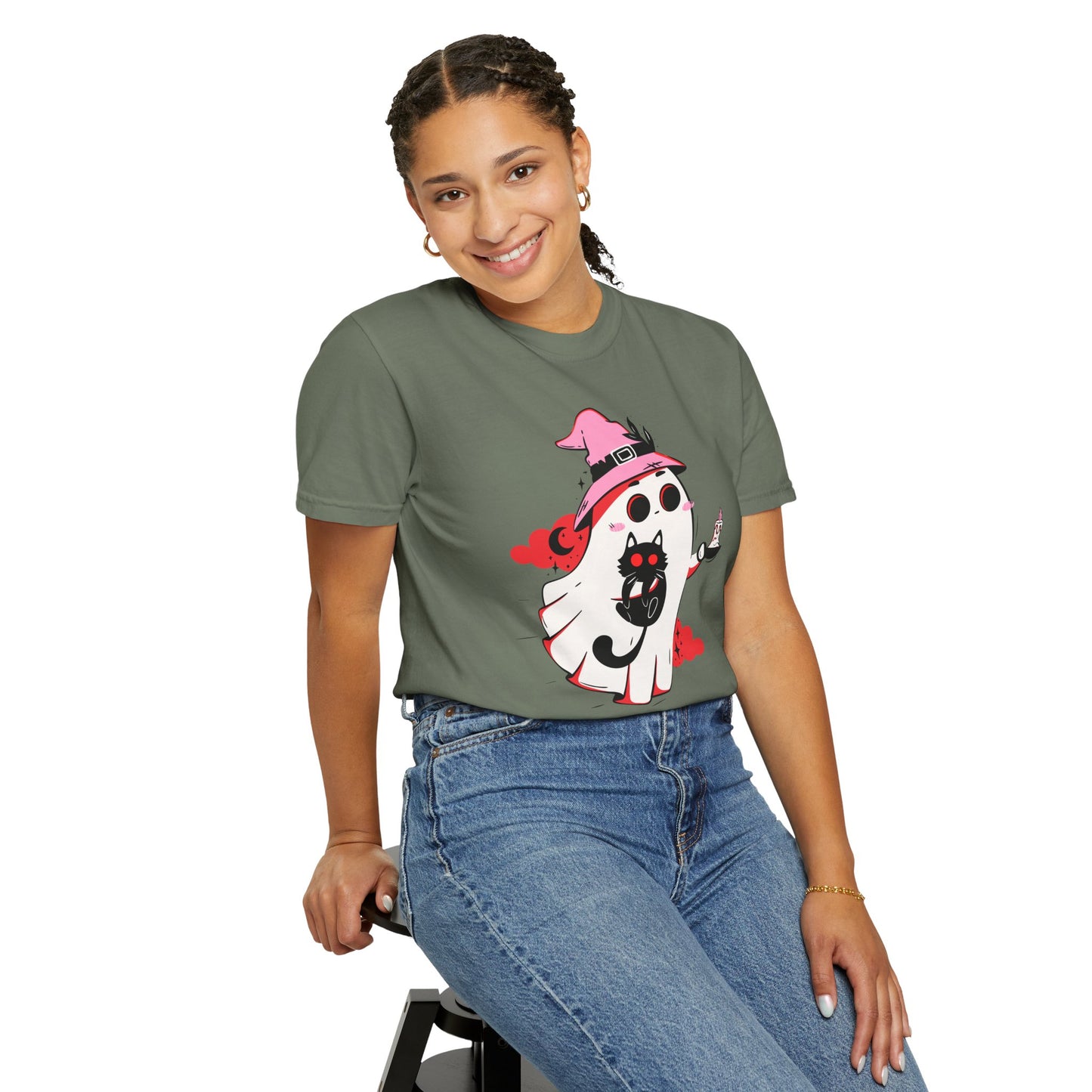 Ghostly Glam T-Shirt - Witchy Whimsy with Cat Companion