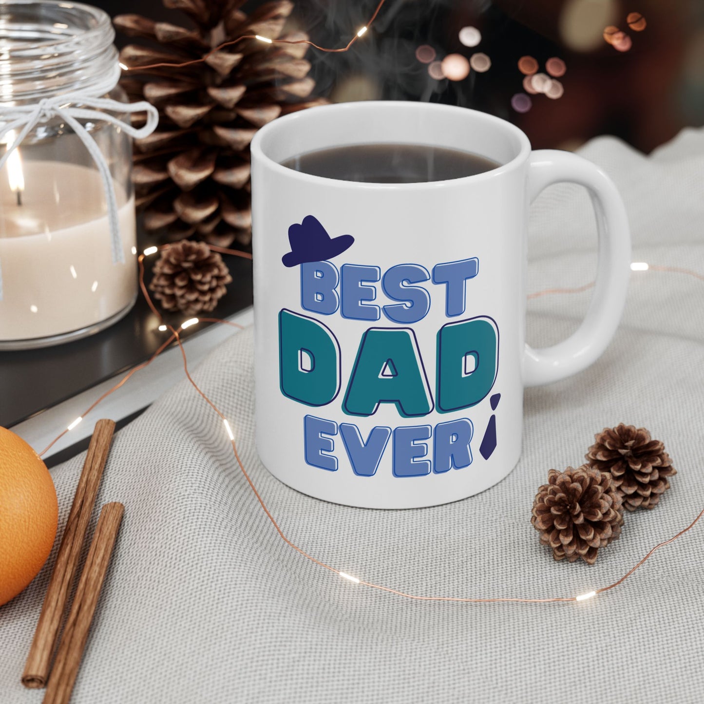 Best Dad Ever Mug – Colorful Father’s Day Coffee Cup with Hat & Tie Design, 11oz & 15oz