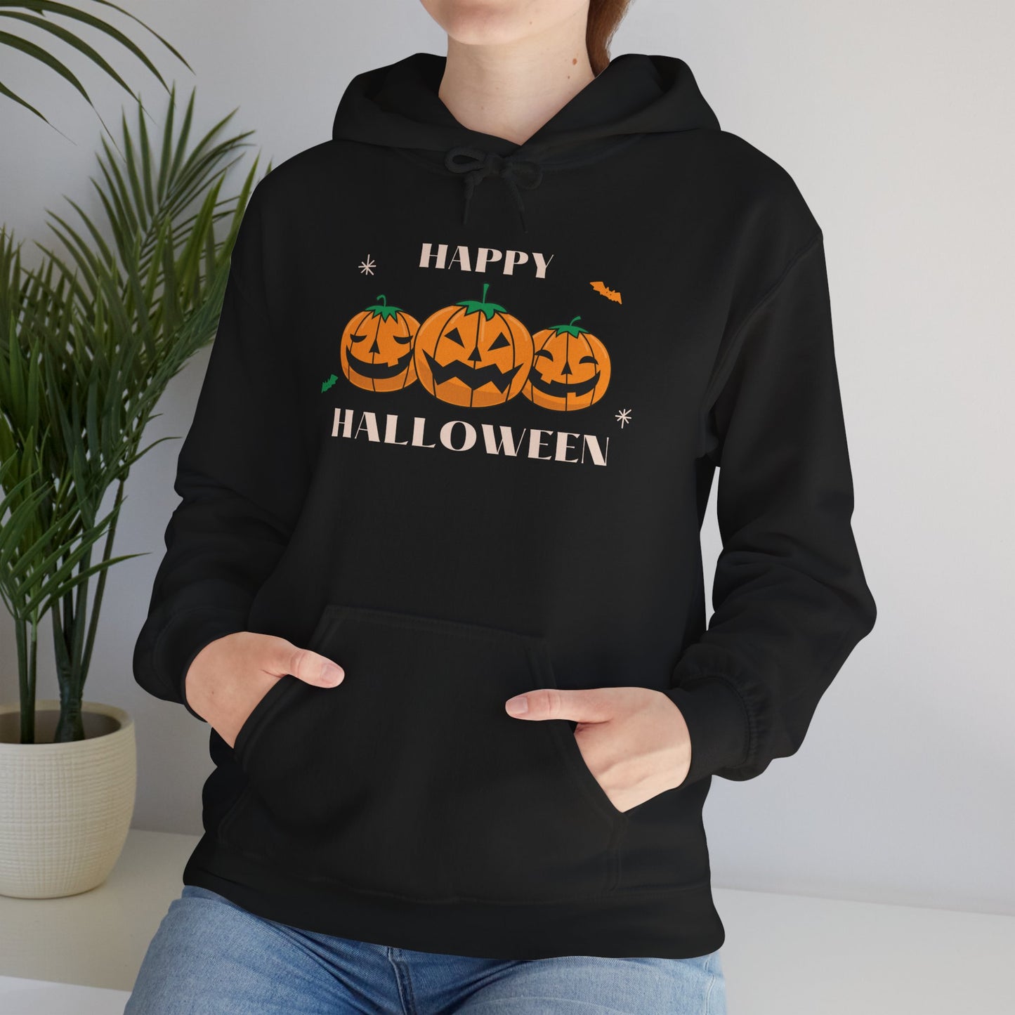 Happy Halloween" Pumpkin Trio Hoodie – Festive & Cozy for Spooky Season