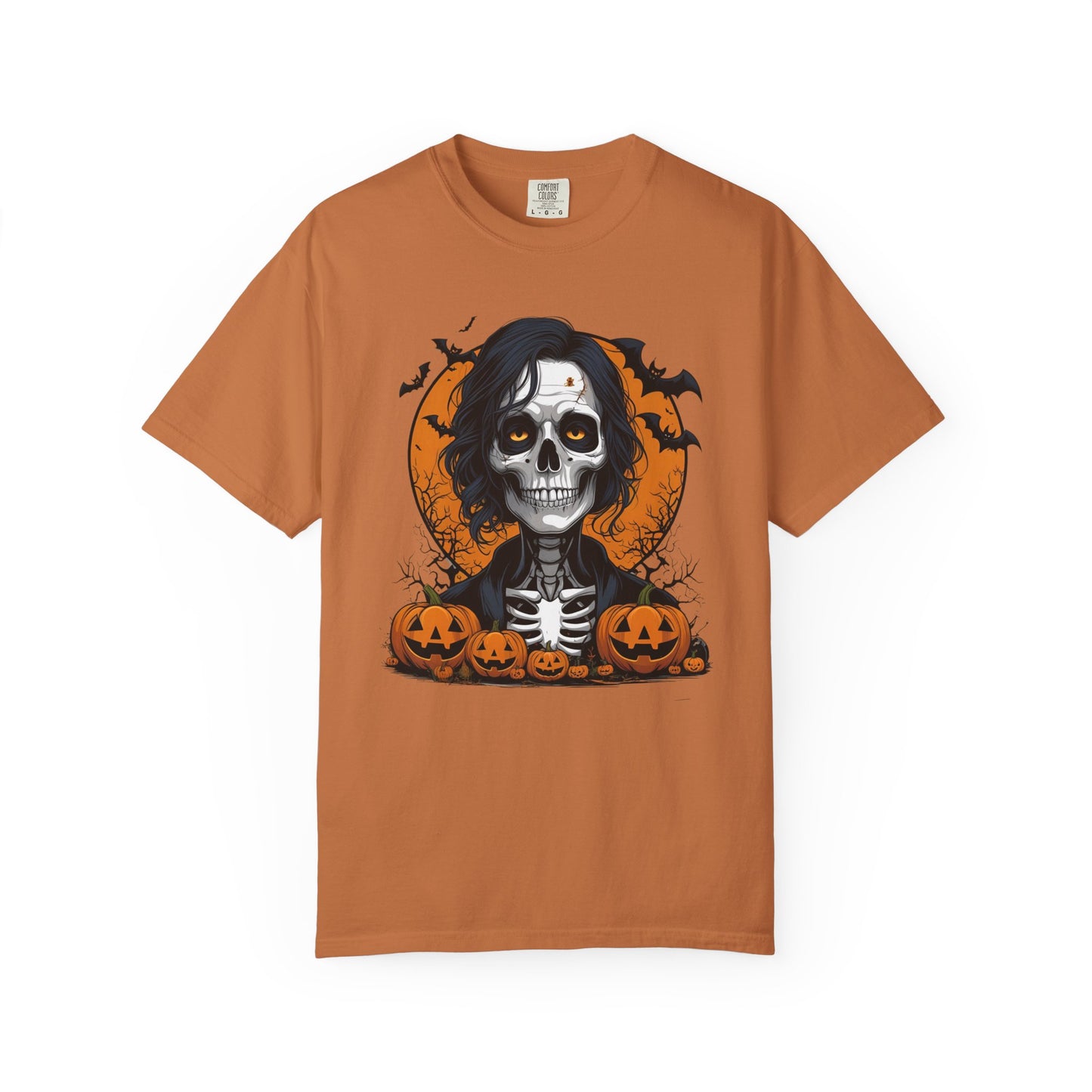 Haunted Skeleton Boy Halloween T-Shirt – Gothic Pumpkin Patch Graphic Tee, Spooky Undead Horror Shirt for Men & Women