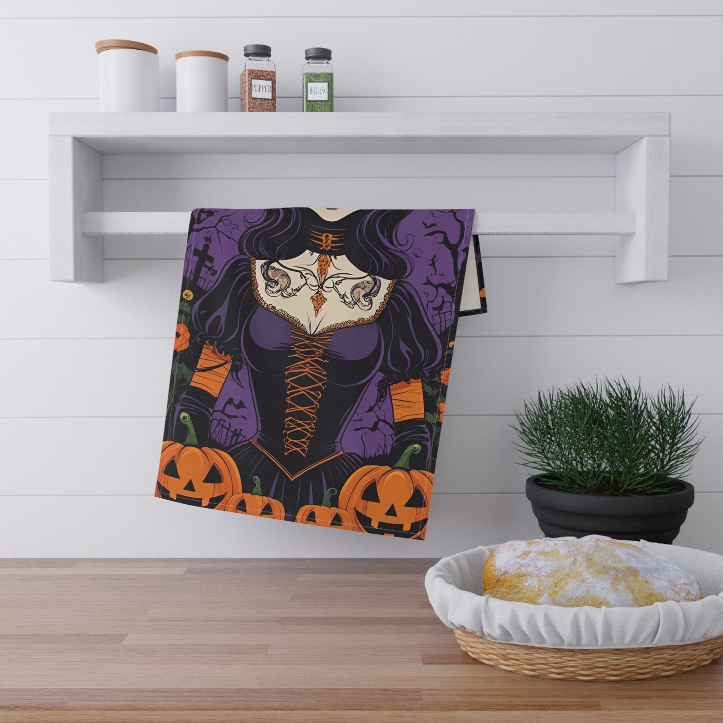 Tattooed Skeleton Halloween Tea Towel – Spooky Graveyard Design