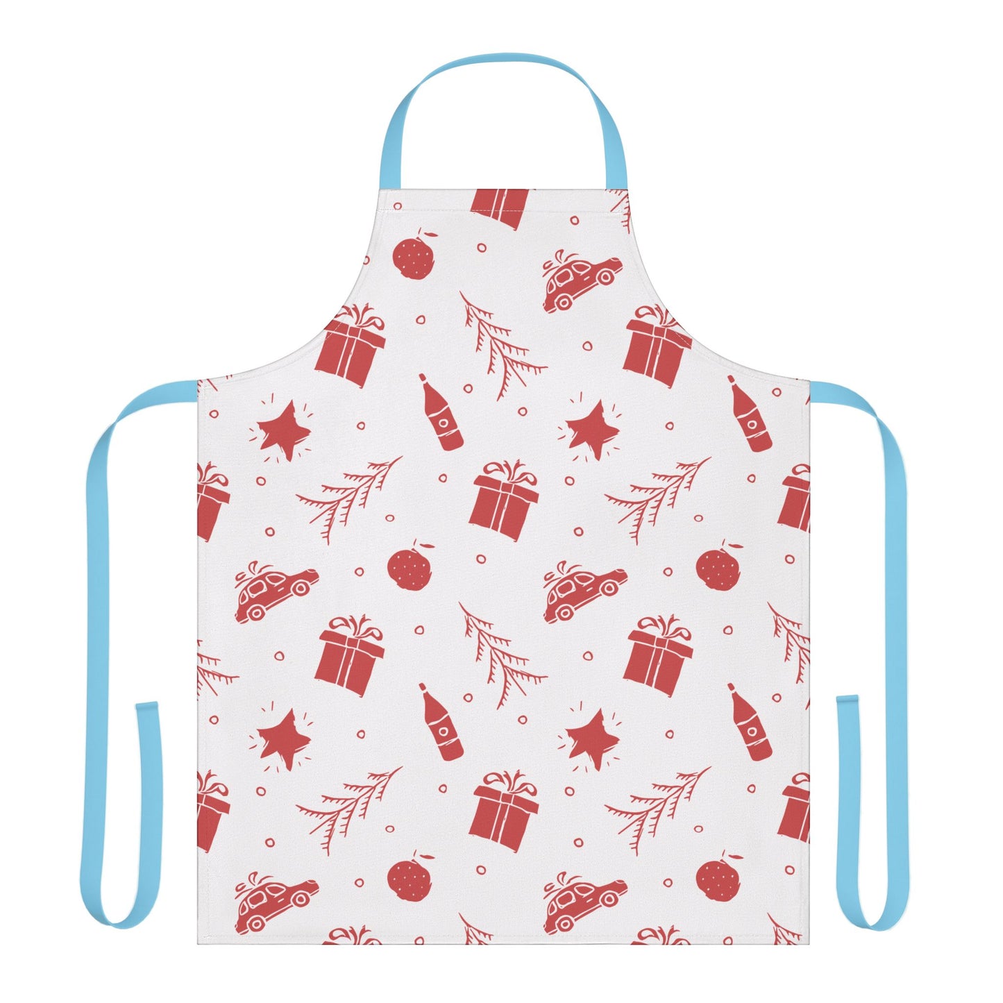 White Christmas Apron with Red Holiday Illustrations and Festive Motifs