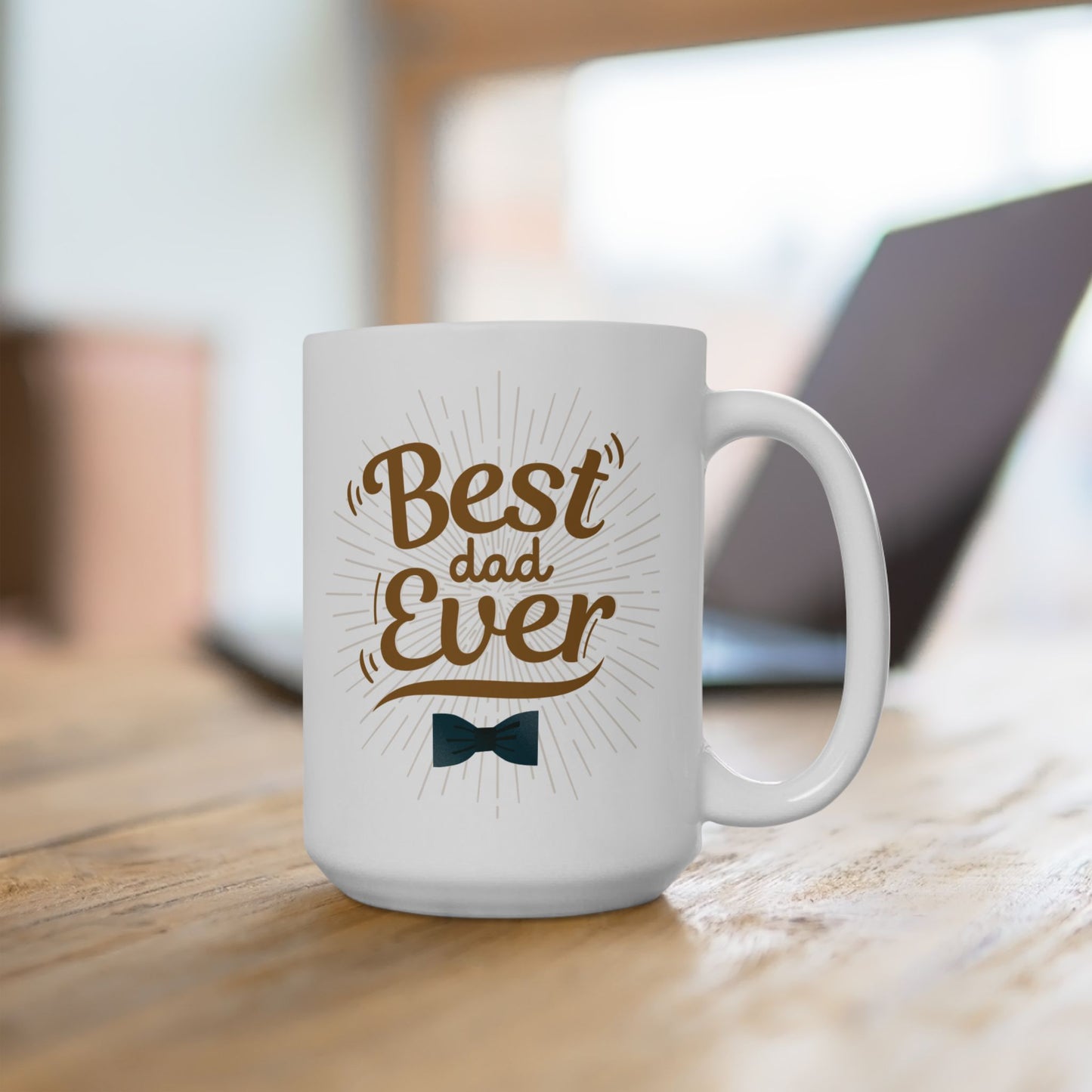 Best Dad Ever Mug – Elegant Sunburst Coffee Cup with Blue Bow Tie Design, 11oz & 15oz