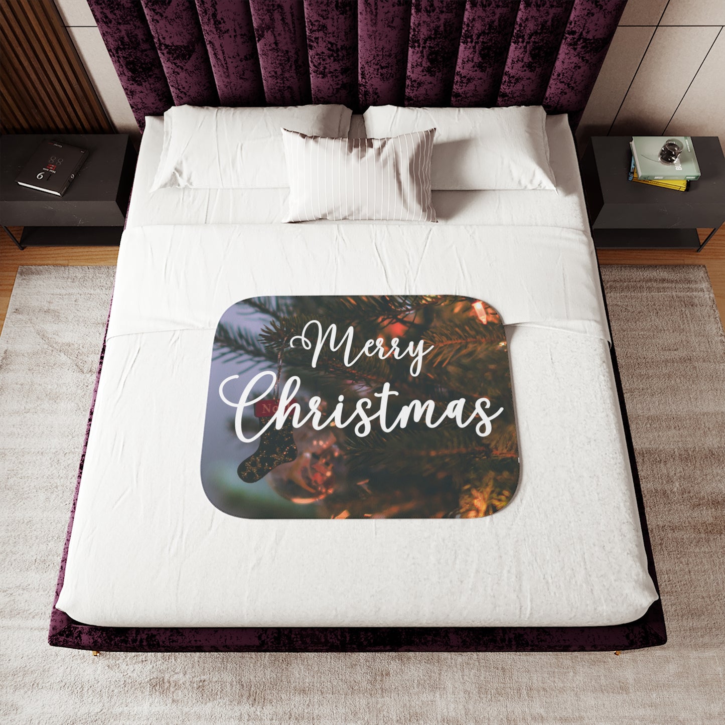 Merry Christams with Ornaments Printed Sherpa Blanket