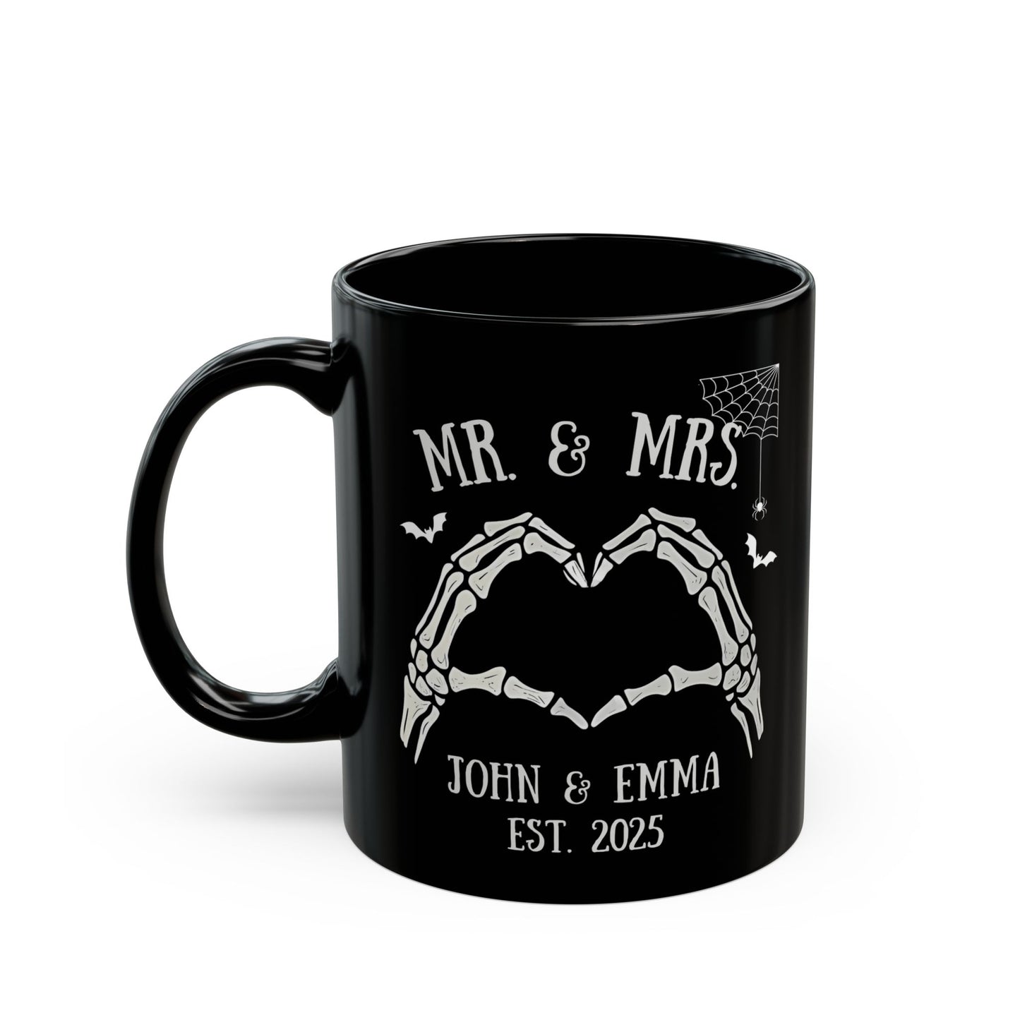 Skeleton Hands Mr & Mrs Mug – Spooky Love Black Coffee Cup for Couples