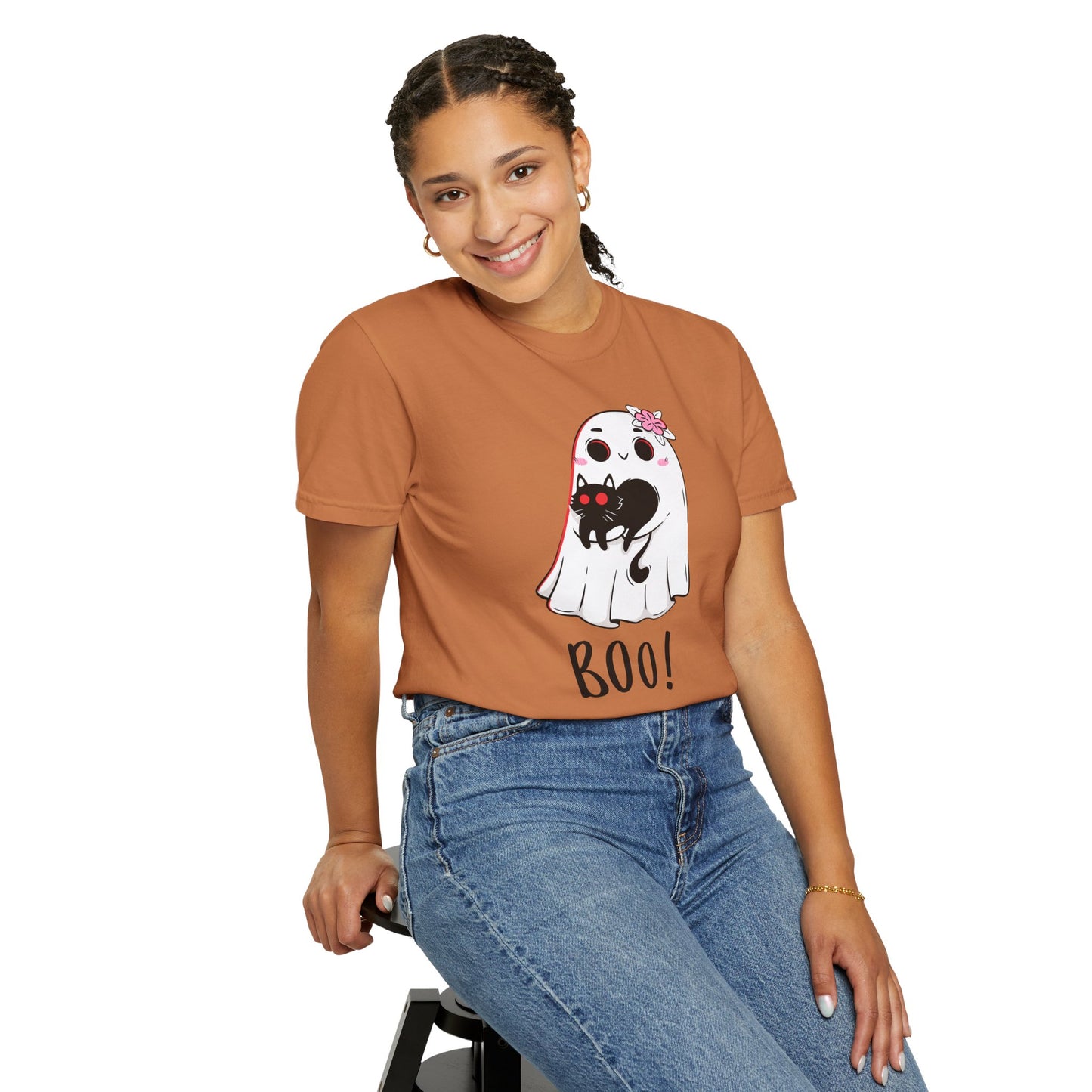 BOO Buddies Tee – Ghost & Cat Duo with Floral Charm