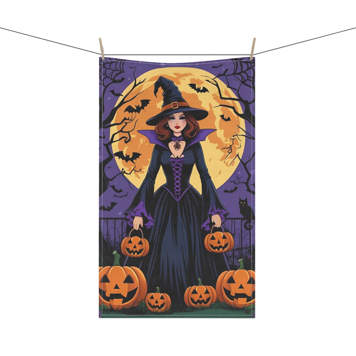 Witch and Jack-O’-Lantern Halloween Tea Towel – Spooky Cat and Pumpkin Design