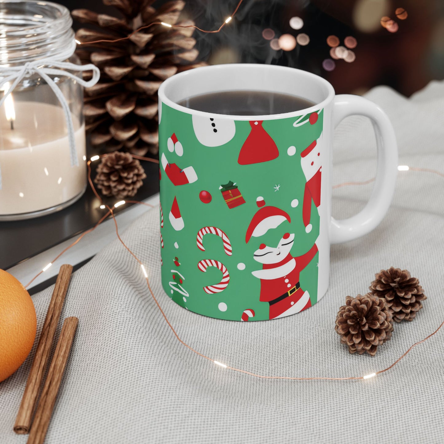 Ceramic Mug – Green Christmas Design with Santa, Candy Canes & Gifts – Holiday Gift for Coffee & Cocoa Lovers