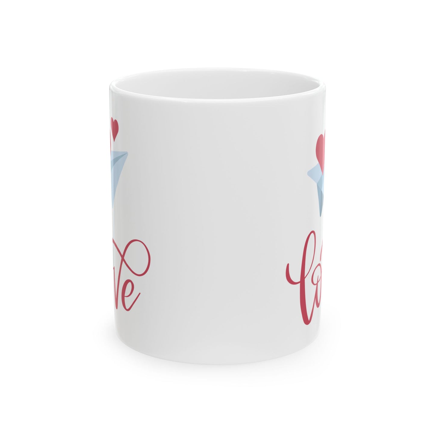 Ceramic Mug with Blue Paper Airplane and Red Heart Design