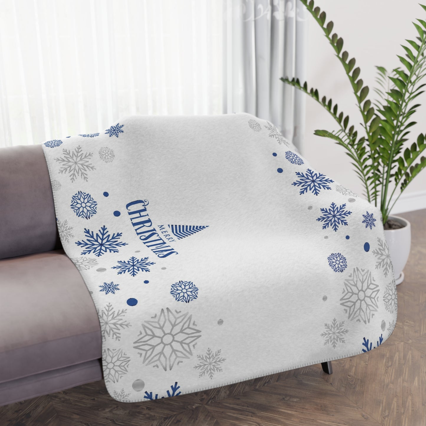 Merry Christmas Tan Sherpa Blanket, White