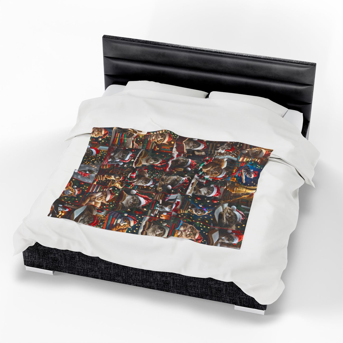 Christmas Cats Reading Blanket, Velveteen Plush Holiday Throw with Santa Hat Kitties & Books