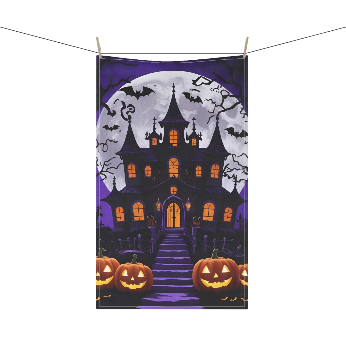 Haunted House Halloween Tea Towel – Spooky Jack-O’-Lantern Graveyard Design