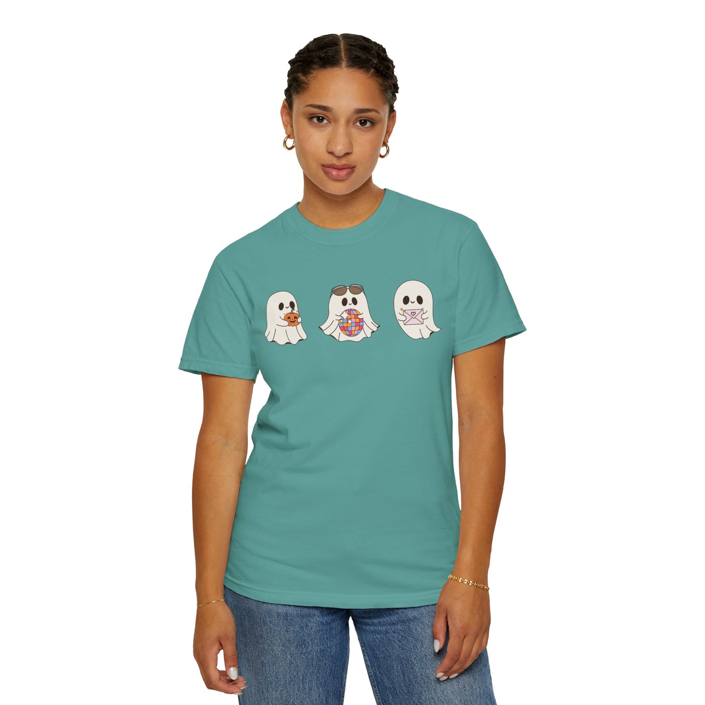 Three Cute Ghosts with Pumpkin, Trick or Treat Party Outfit – October Holiday Shirt