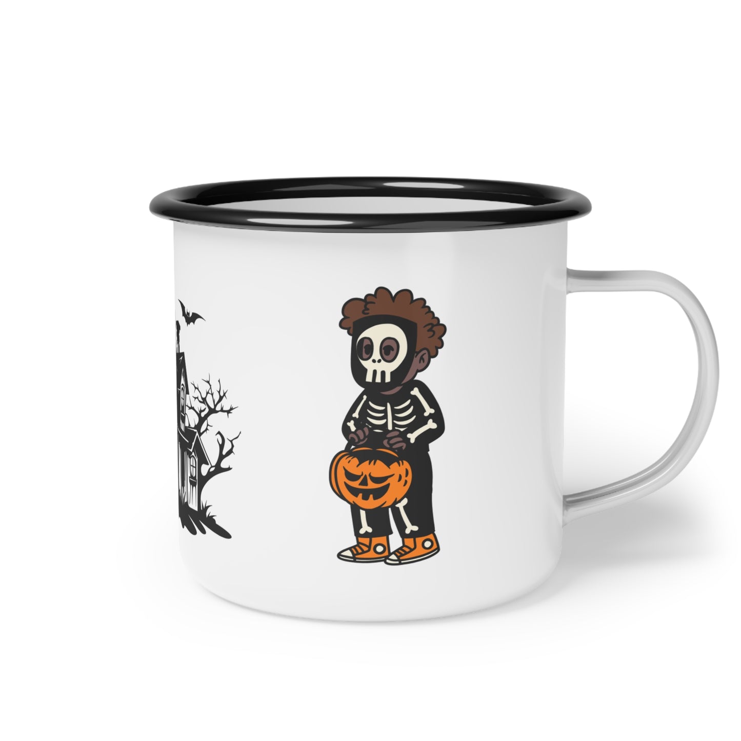 Spooky Mansion Enamel Camp Cup – Skeleton and Jack-O’-Lantern Design