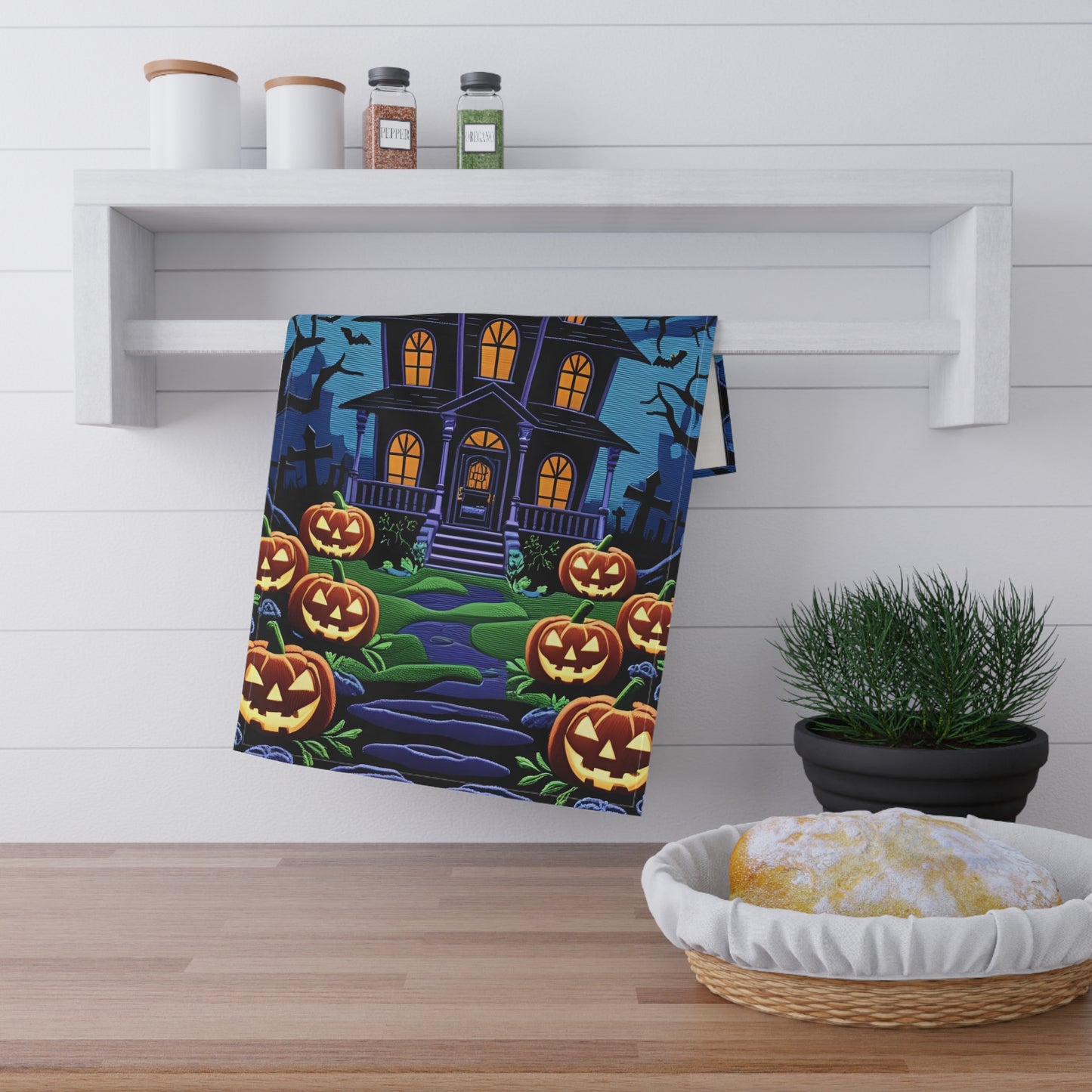 Victorian Haunted House Halloween Tea Towel – Spooky Pumpkins and Bats Design