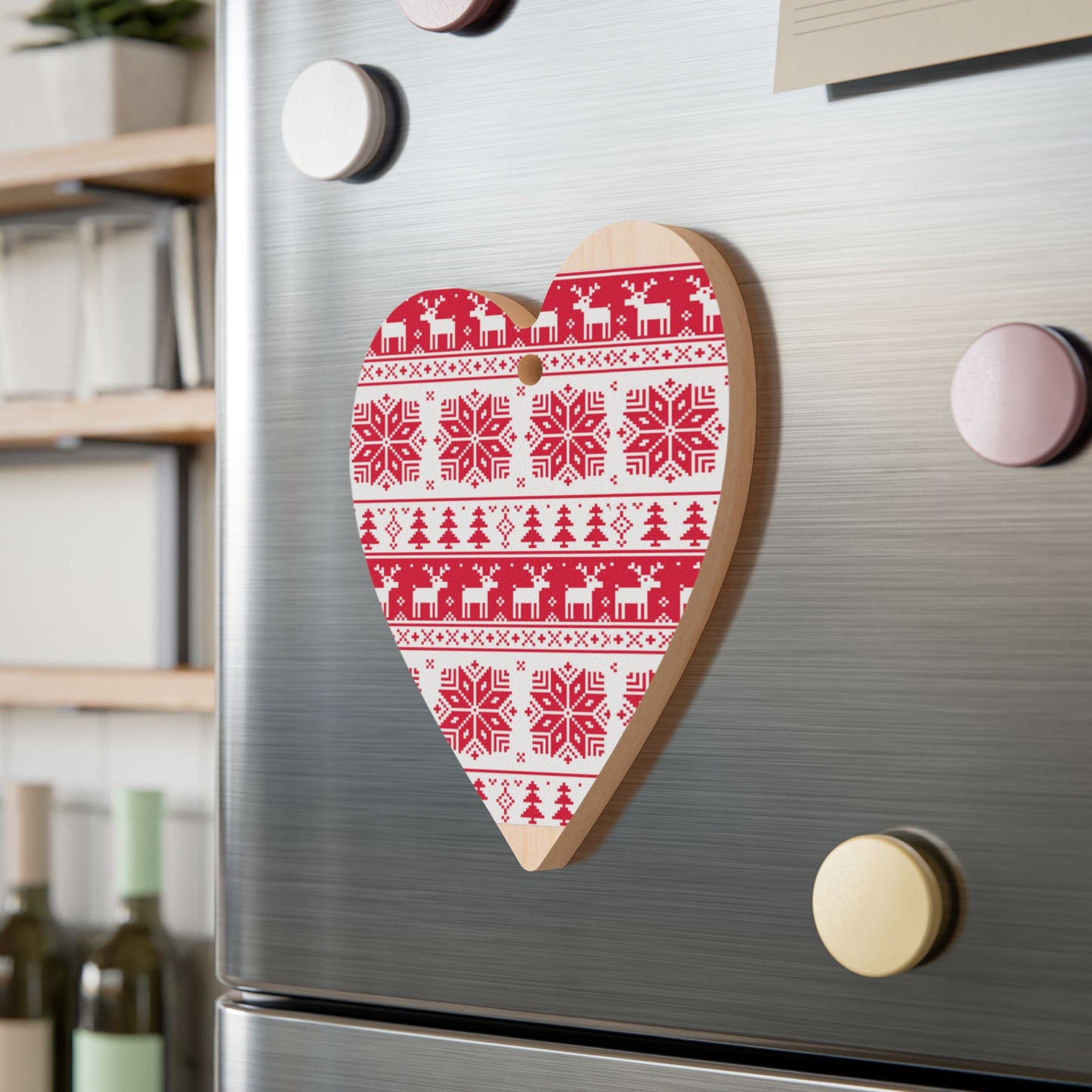 Nordic Bell-Shaped Wooden Ornament – Red & White Reindeer Pattern – Magnetic Holiday Decor with Ribbon