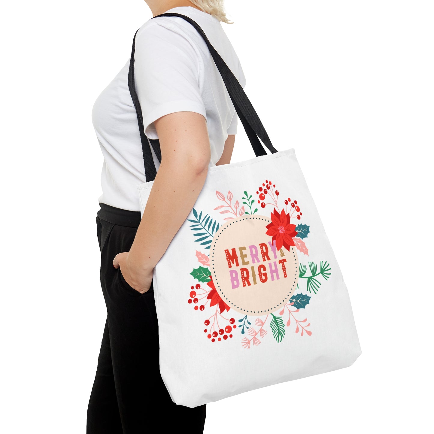 Tote Bag – MERRY & BRIGHT Floral Design – Gift for Christmas, Holiday Shopping, Winter Outings