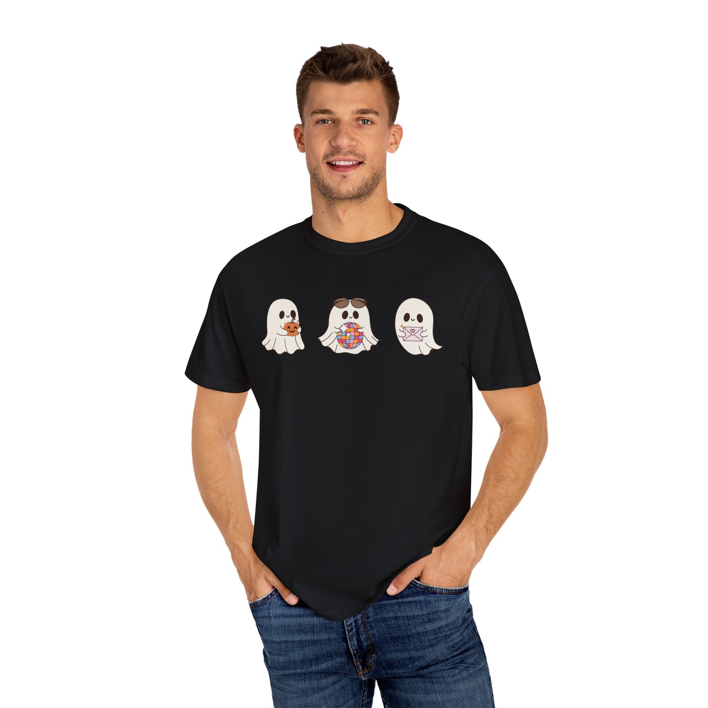 Three Cute Ghosts with Pumpkin, Trick or Treat Party Outfit – October Holiday Shirt