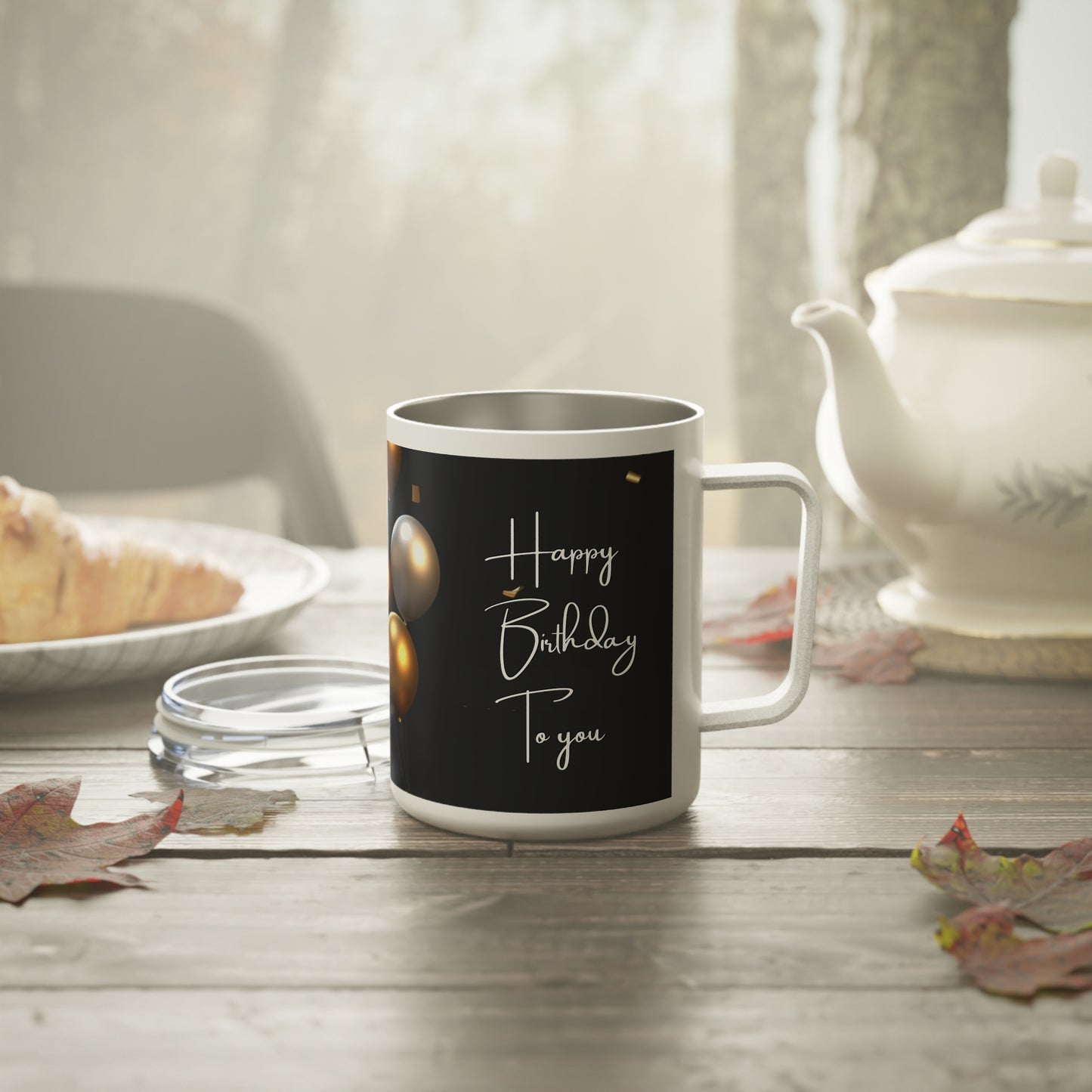 Happy Birthday Travel Mug – Black & Gold Balloon Design, 10oz Insulated Stainless Steel Coffee Tumbler with Lid