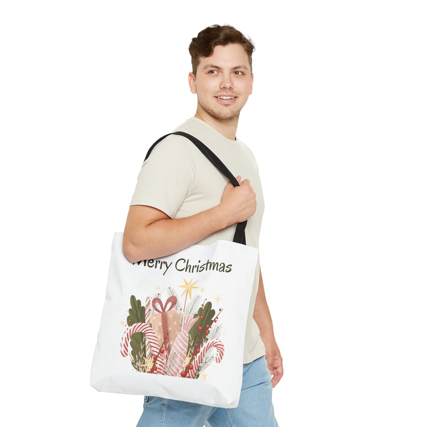 Christmas Tote Bag with “Merry Christmas” Gift Design – Durable All-Over Print Holiday Carryall in 3 Sizes