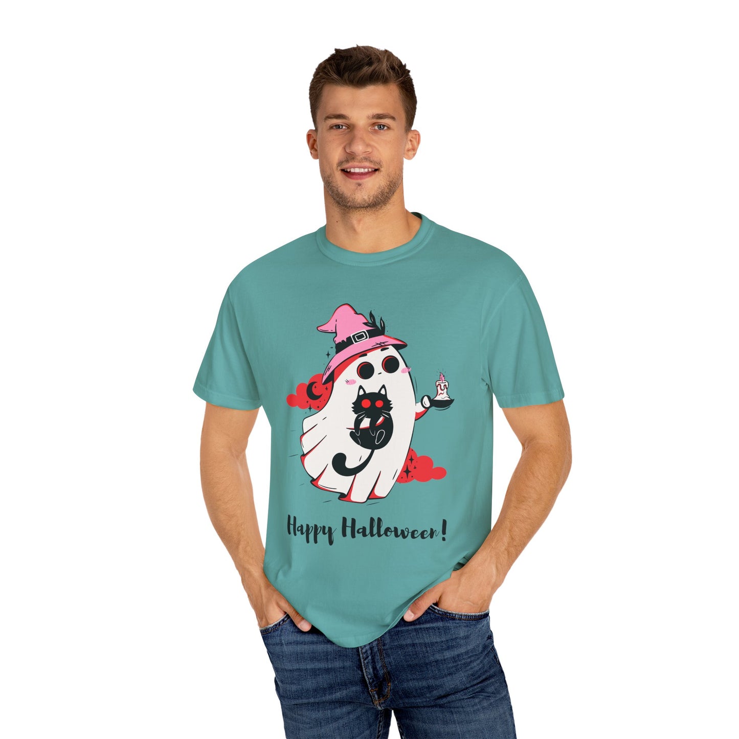 Ghostly Glam T-Shirt - Witchy Whimsy with Cat Companion