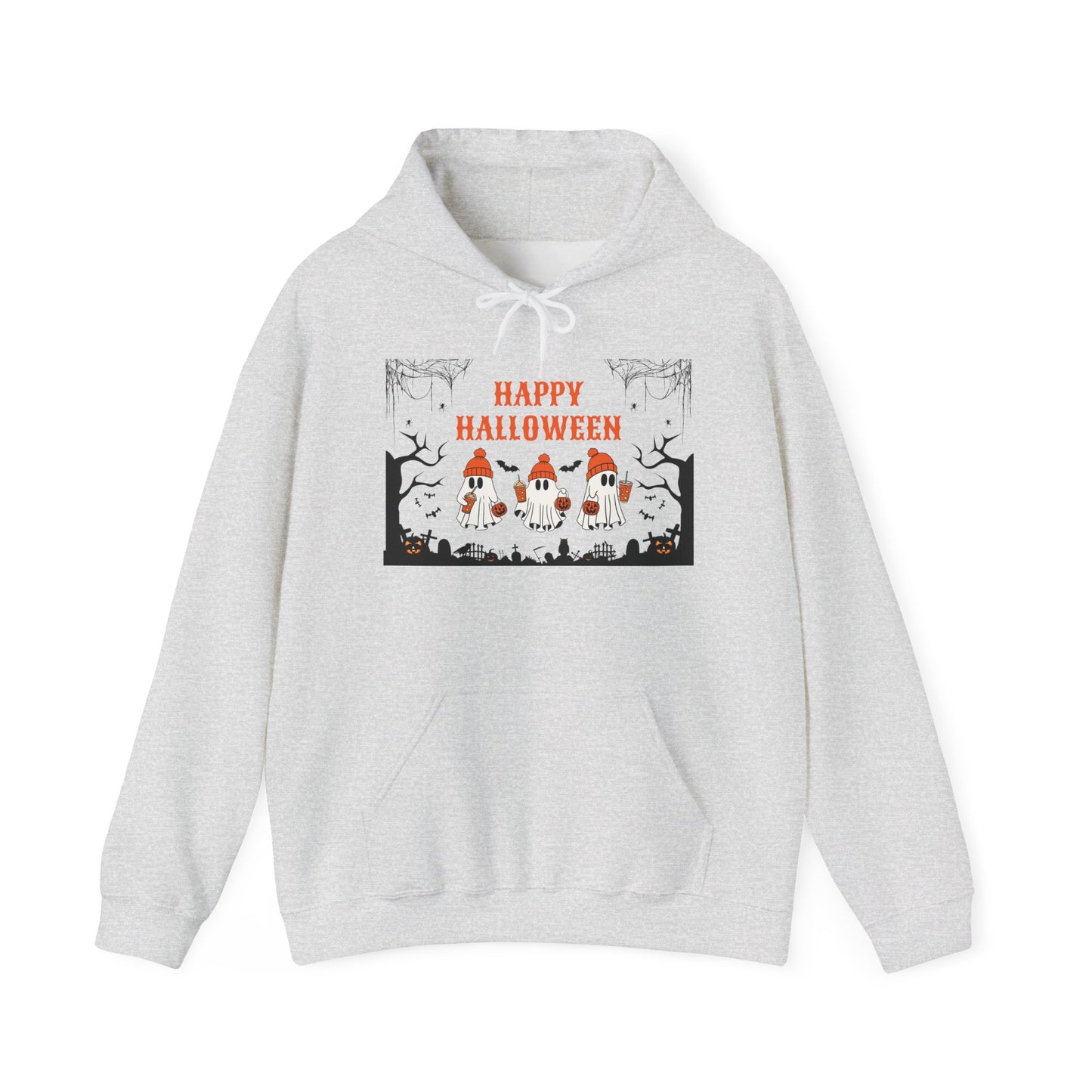 Happy Halloween” Ghost Hoodie – Pumpkin Parade in Haunted Forest
