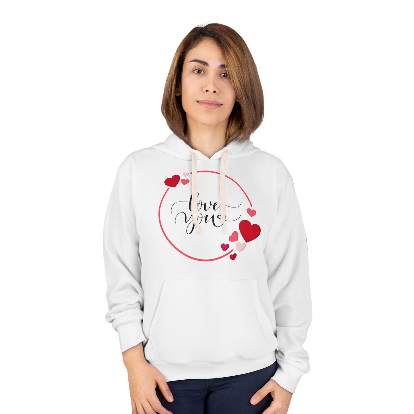 Love You with Hearts Printed Unisex Pullover Hoodie, Red & White