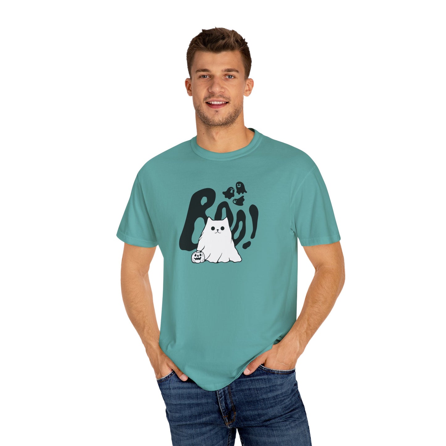 BOO Ghost Cat T-shirt– Pumpkin Purrfection for Halloween