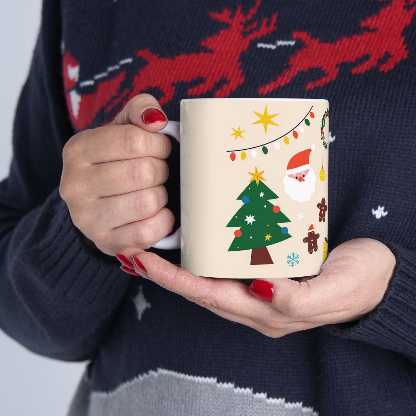 Ceramic Mug – Christmas Icons with Santa, Gingerbread Men & Wreaths – 11oz Festive Gift for Coffee & Cocoa Lover