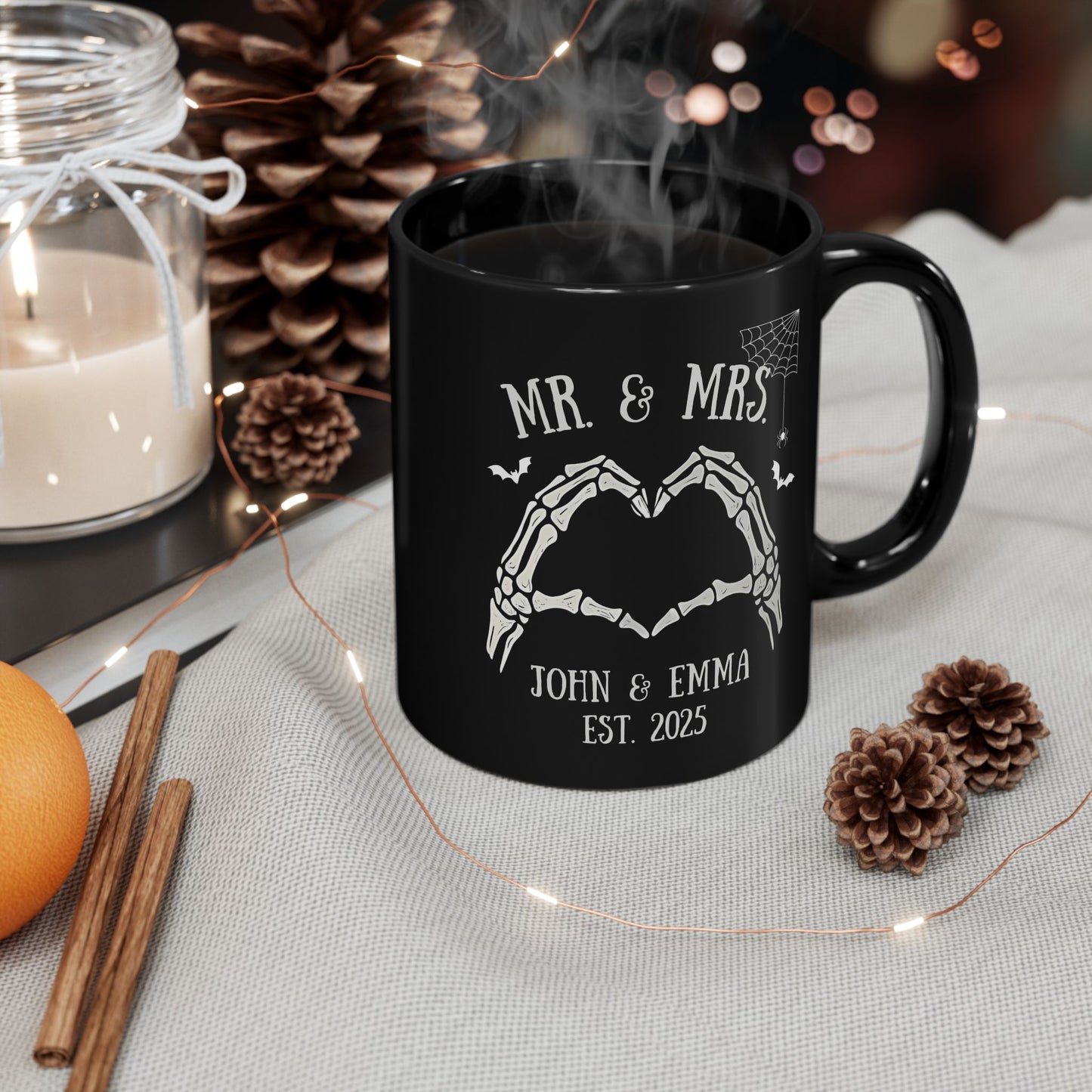Skeleton Hands Mr & Mrs Mug – Spooky Love Black Coffee Cup for Couples