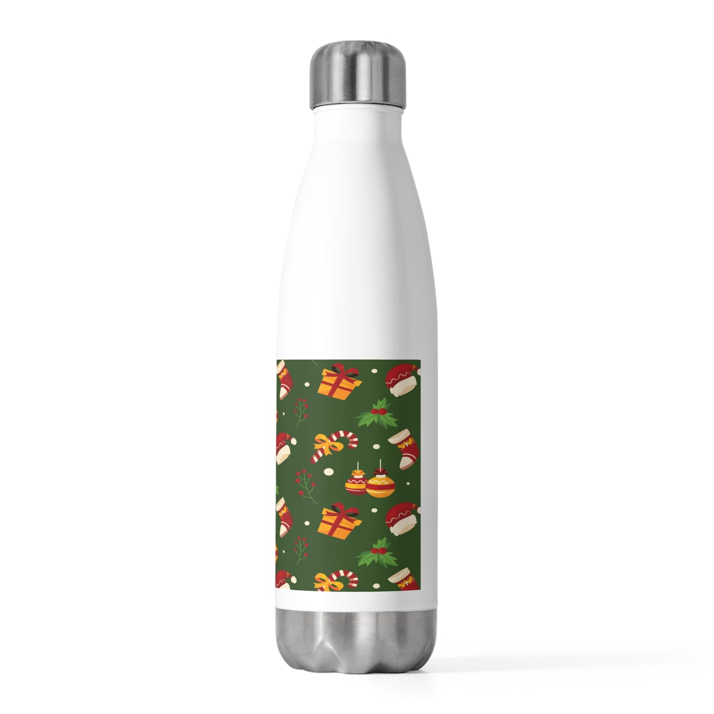 Insulated Stainless Steel Water Bottle – Green Christmas Design with Candy Canes & Holly – Eco-Friendly Holiday Gift