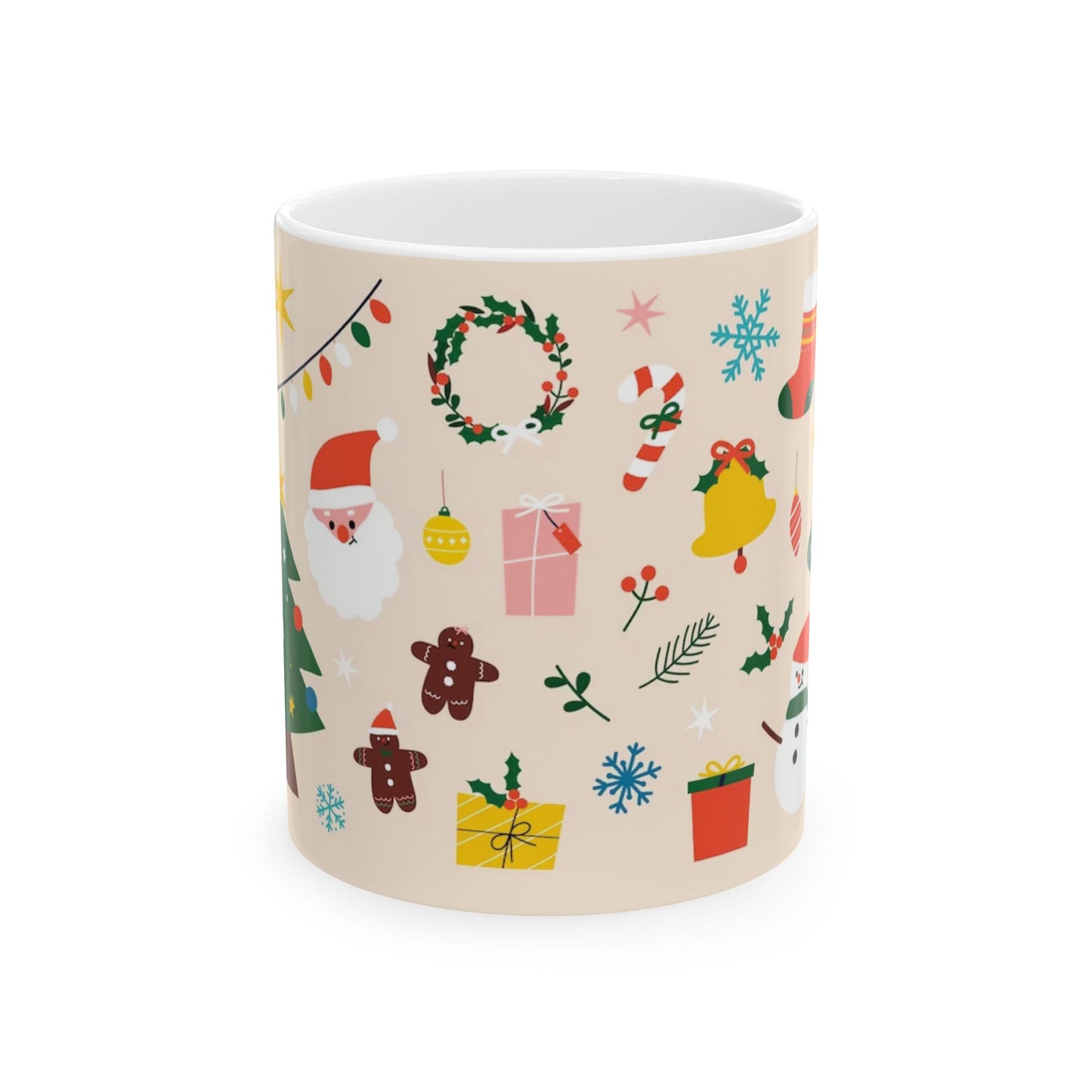 Ceramic Mug – Christmas Icons with Santa, Gingerbread Men & Wreaths – 11oz Festive Gift for Coffee & Cocoa Lover