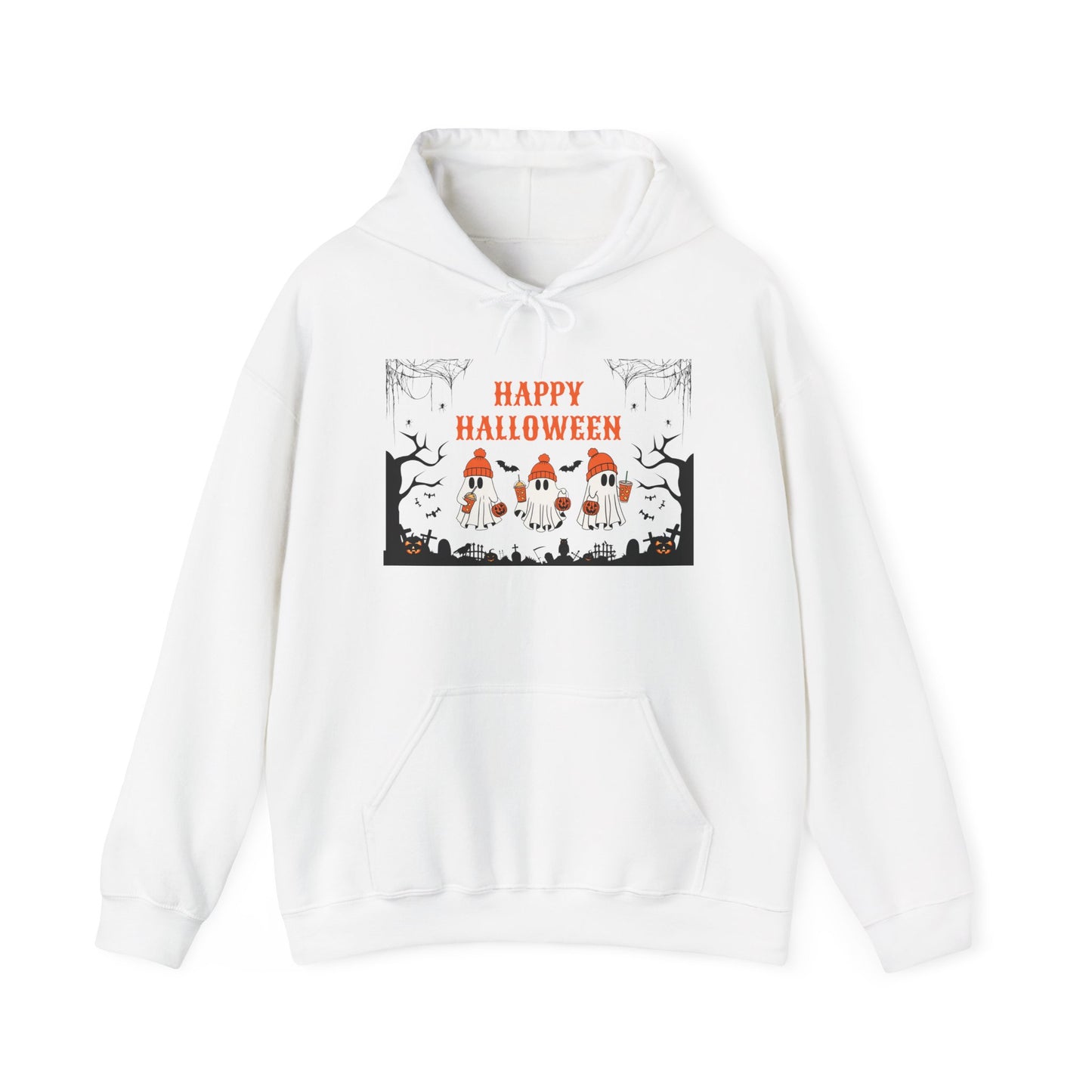Happy Halloween” Ghost Hoodie – Pumpkin Parade in Haunted Forest