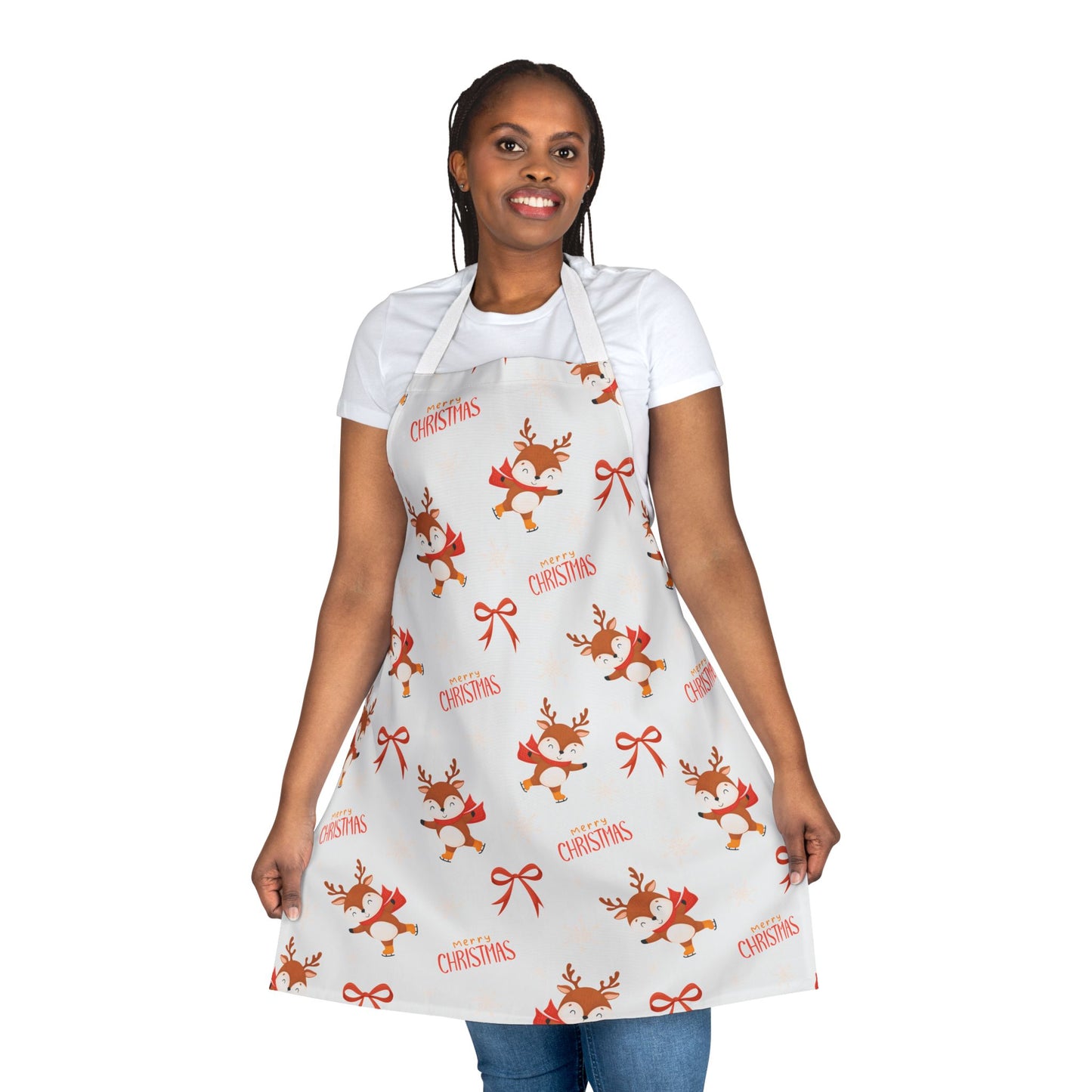 Festive Christmas Apron with Cartoon Reindeer, Red Bows, and Merry Christmas Text
